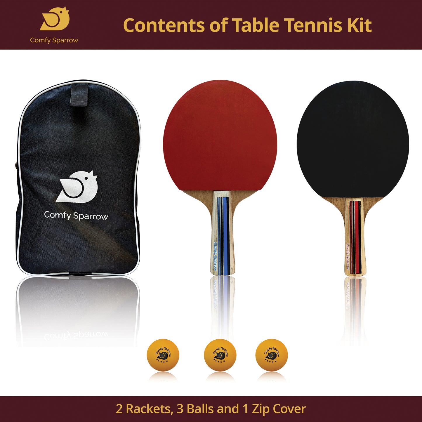 Premium Wooden Table Tennis Kit with 2 Rackets, 3 Balls and a Zip Cover