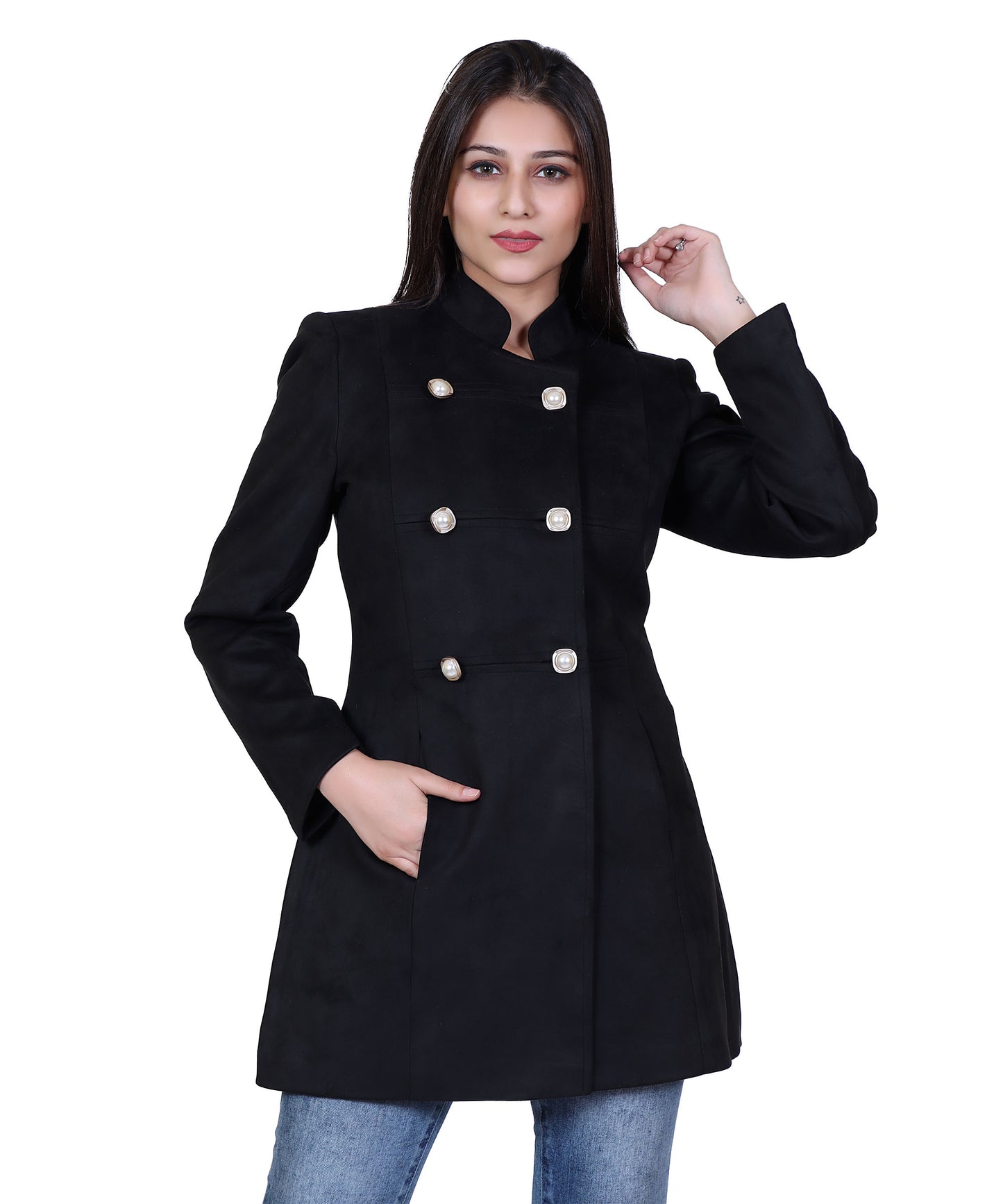 Women Thin Suede Fabric Double Breasted Pre-Winter Coat with Mock Collar