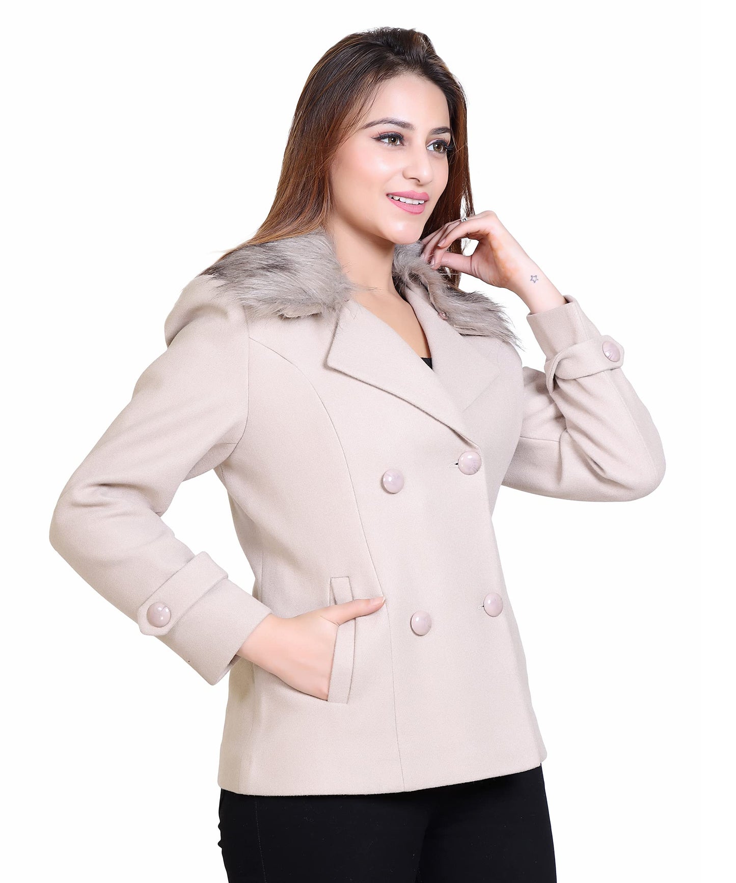 Women Wool Blend Double Breasted Short Coat with Detachable Fur Collar