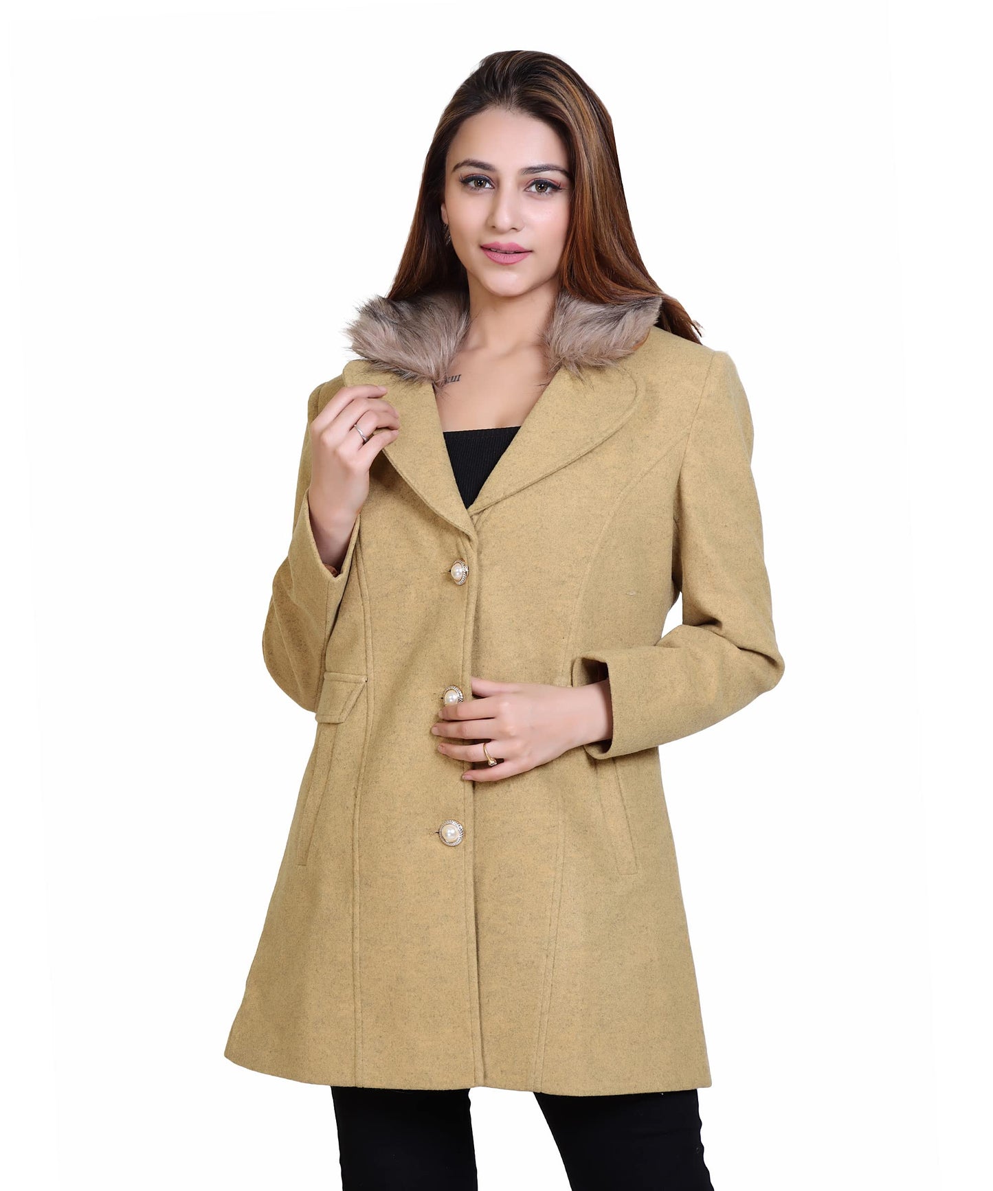 Women Winter Wear Casual Coat with Detachable Faux Fur Collar