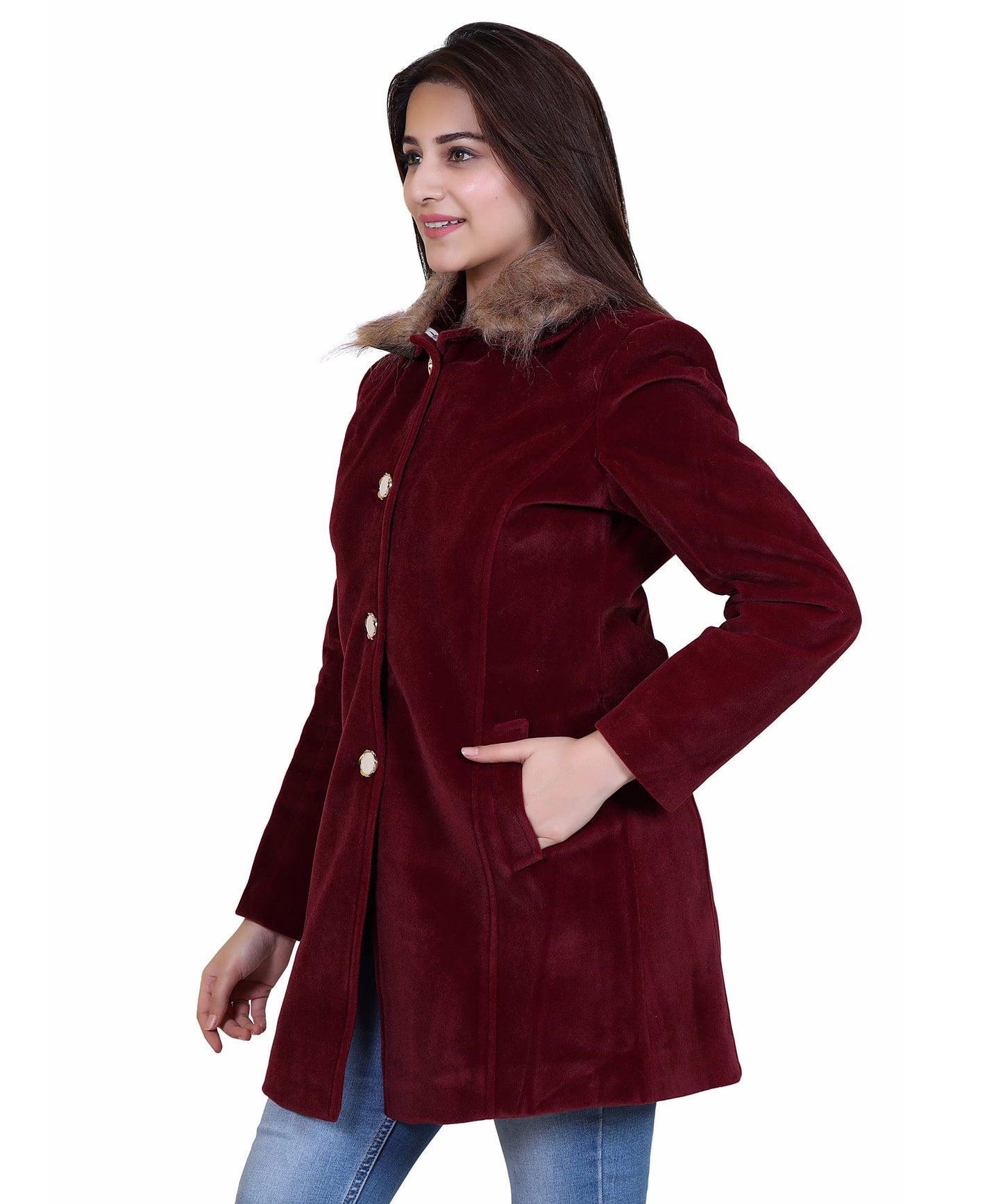 Women Winter Wear Casual Coat with Detachable Faux Fur Collar