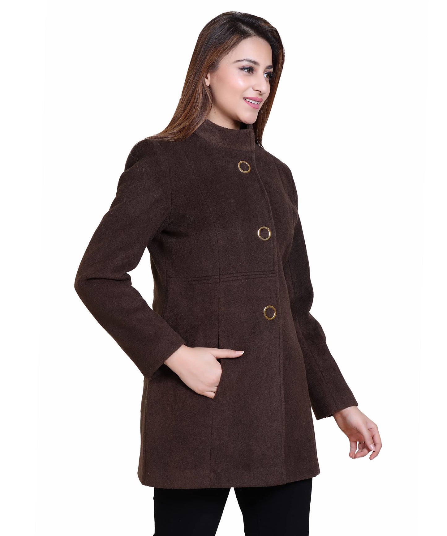 Women Standard Length Wool Blend High Collar Long Sleeve Overcoat