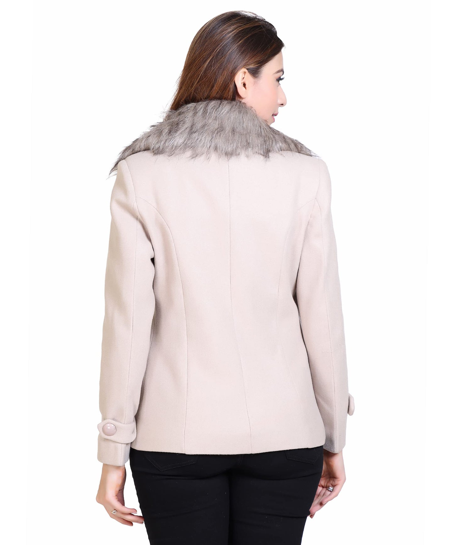 Women Wool Blend Double Breasted Short Coat with Detachable Fur Collar