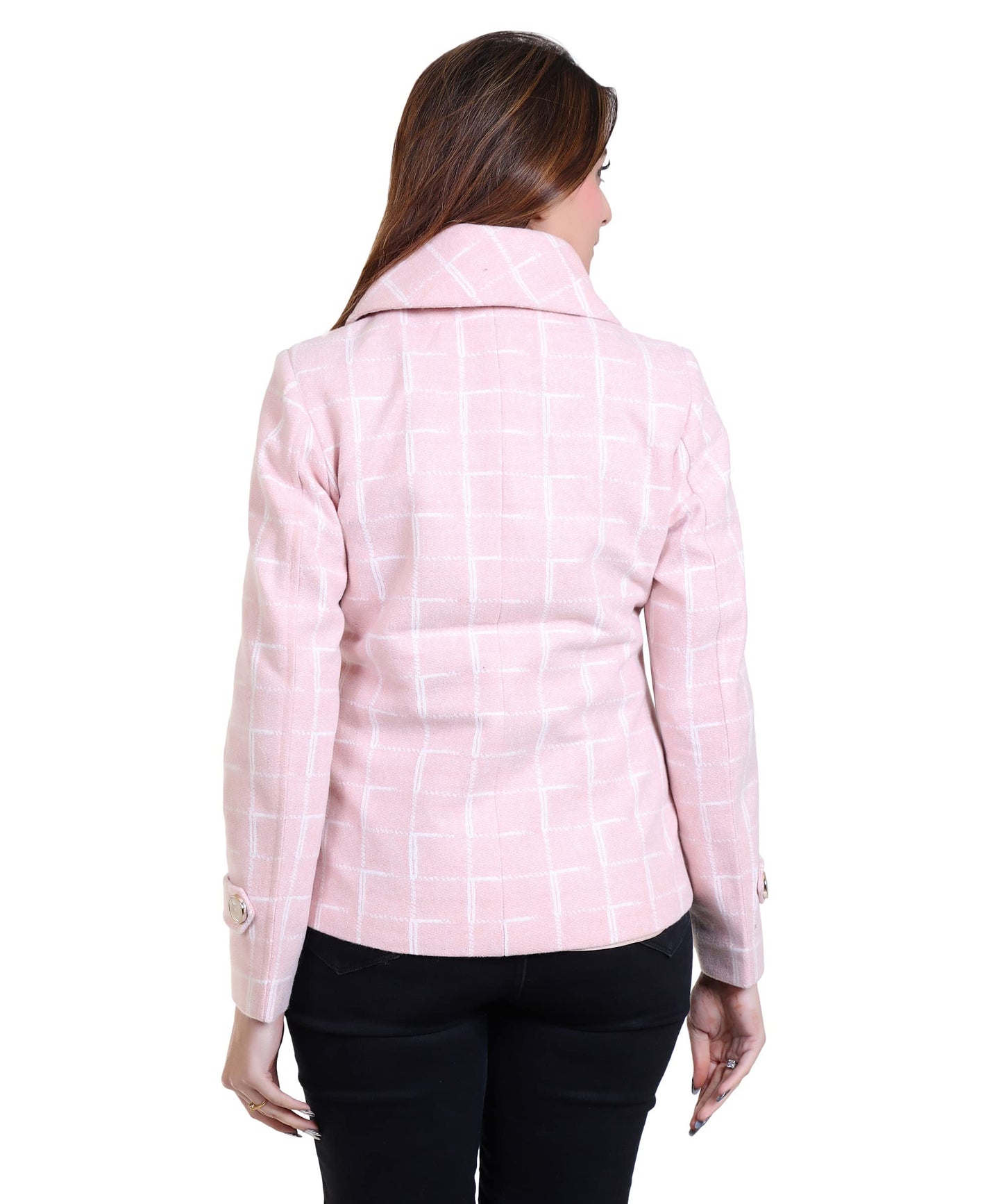 Women Stylish Check Hip Short Coat with High Neck Collar and 3 Square Metallic Buttons