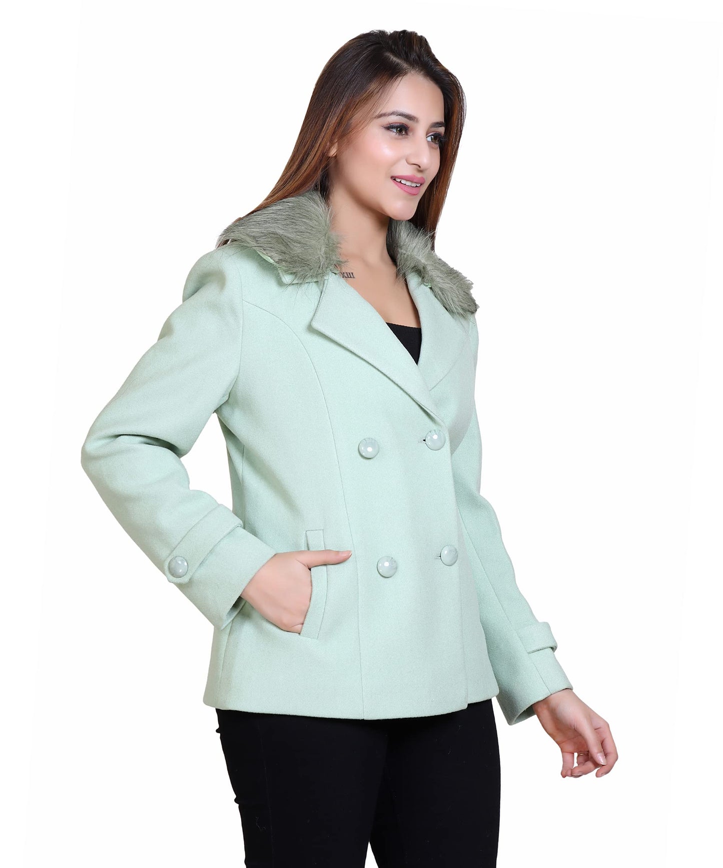 Women Wool Blend Double Breasted Short Coat with Detachable Fur Collar