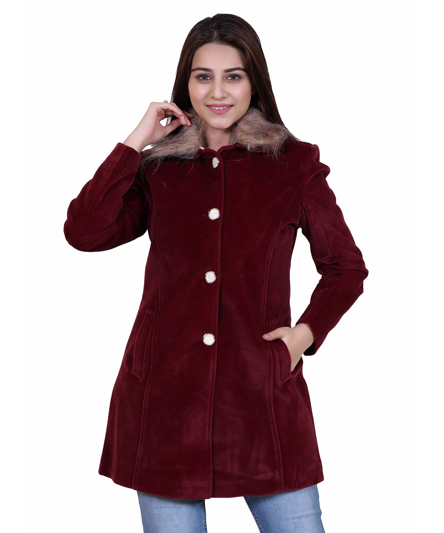 Women Winter Wear Casual Coat with Detachable Faux Fur Collar