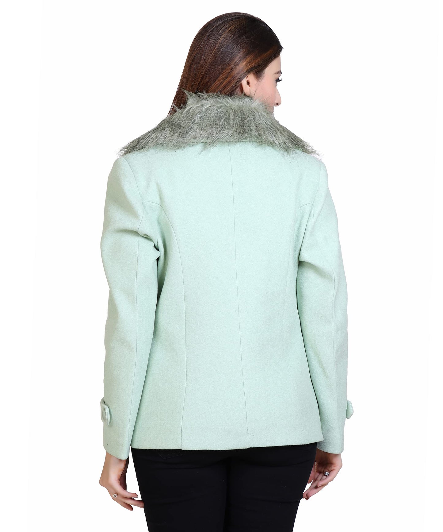 Women Wool Blend Double Breasted Short Coat with Detachable Fur Collar