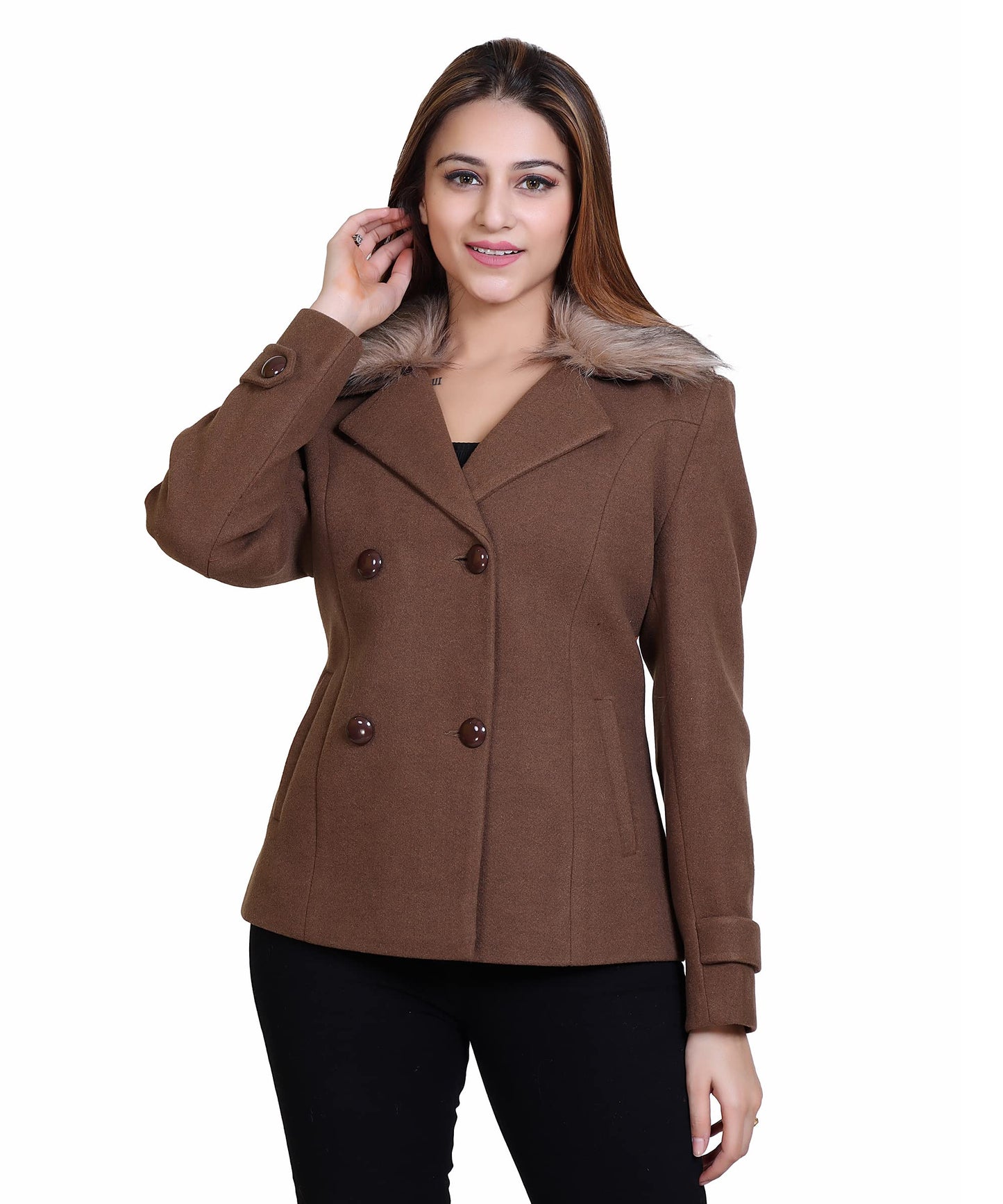 Women Wool Blend Double Breasted Short Coat with Detachable Fur Collar