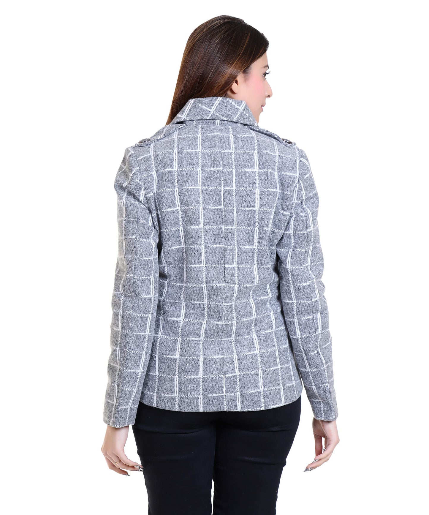 Women Check Print Designer Winter Short Coat with Stylish Flap