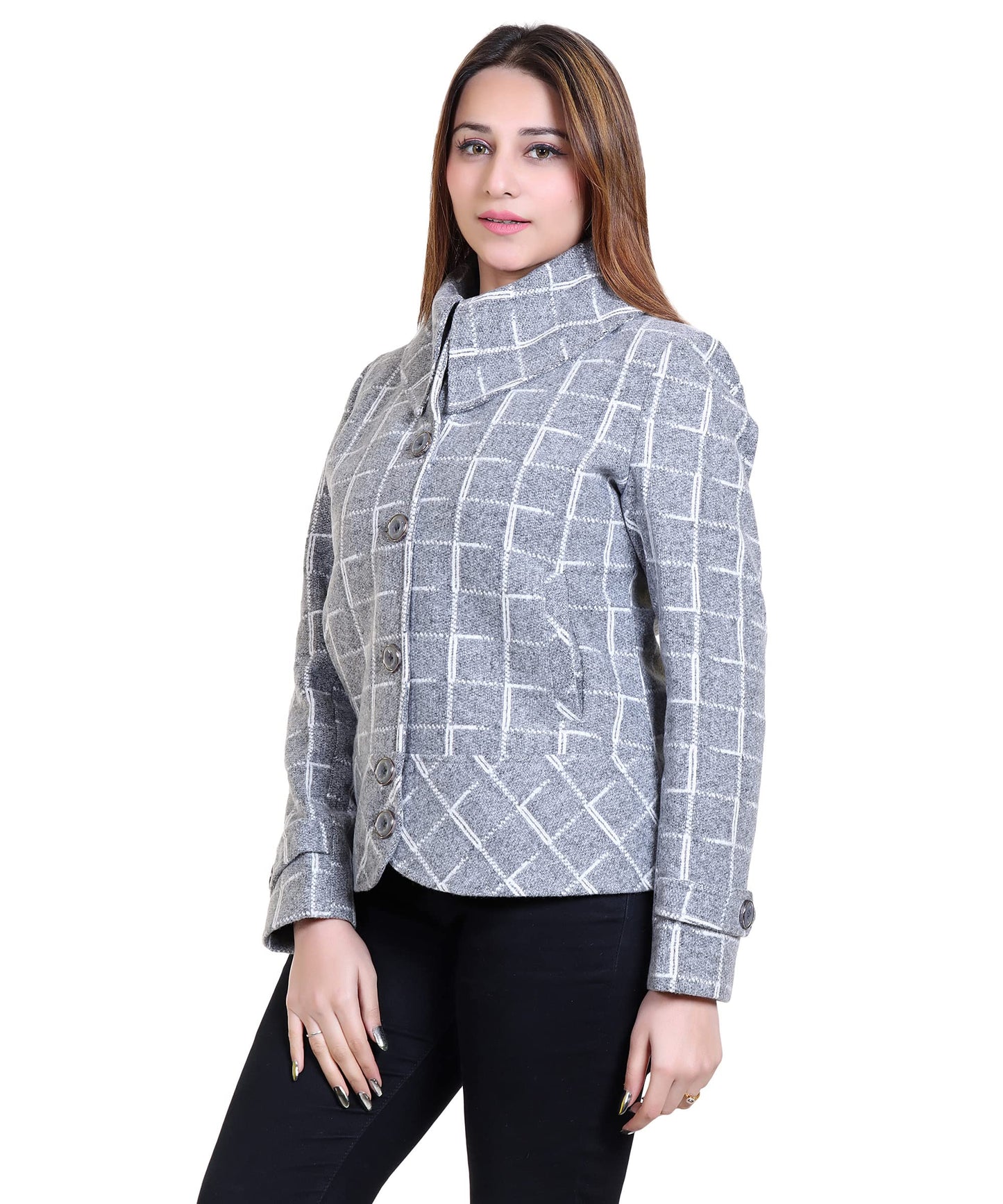 Women Stylish Check Hip Short Coat with High Neck Collar and 3 Square Metallic Buttons