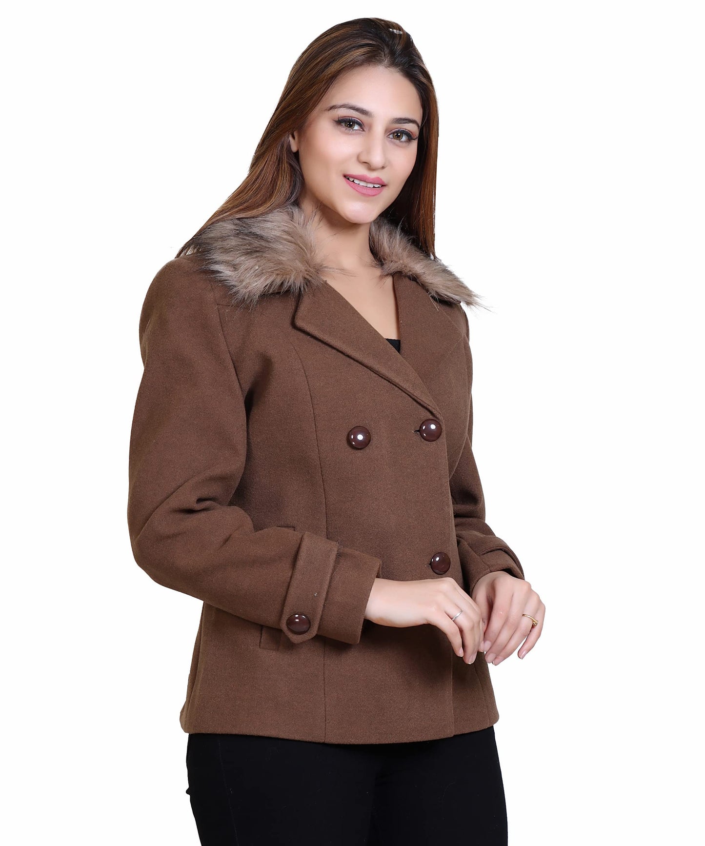 Women Wool Blend Double Breasted Short Coat with Detachable Fur Collar