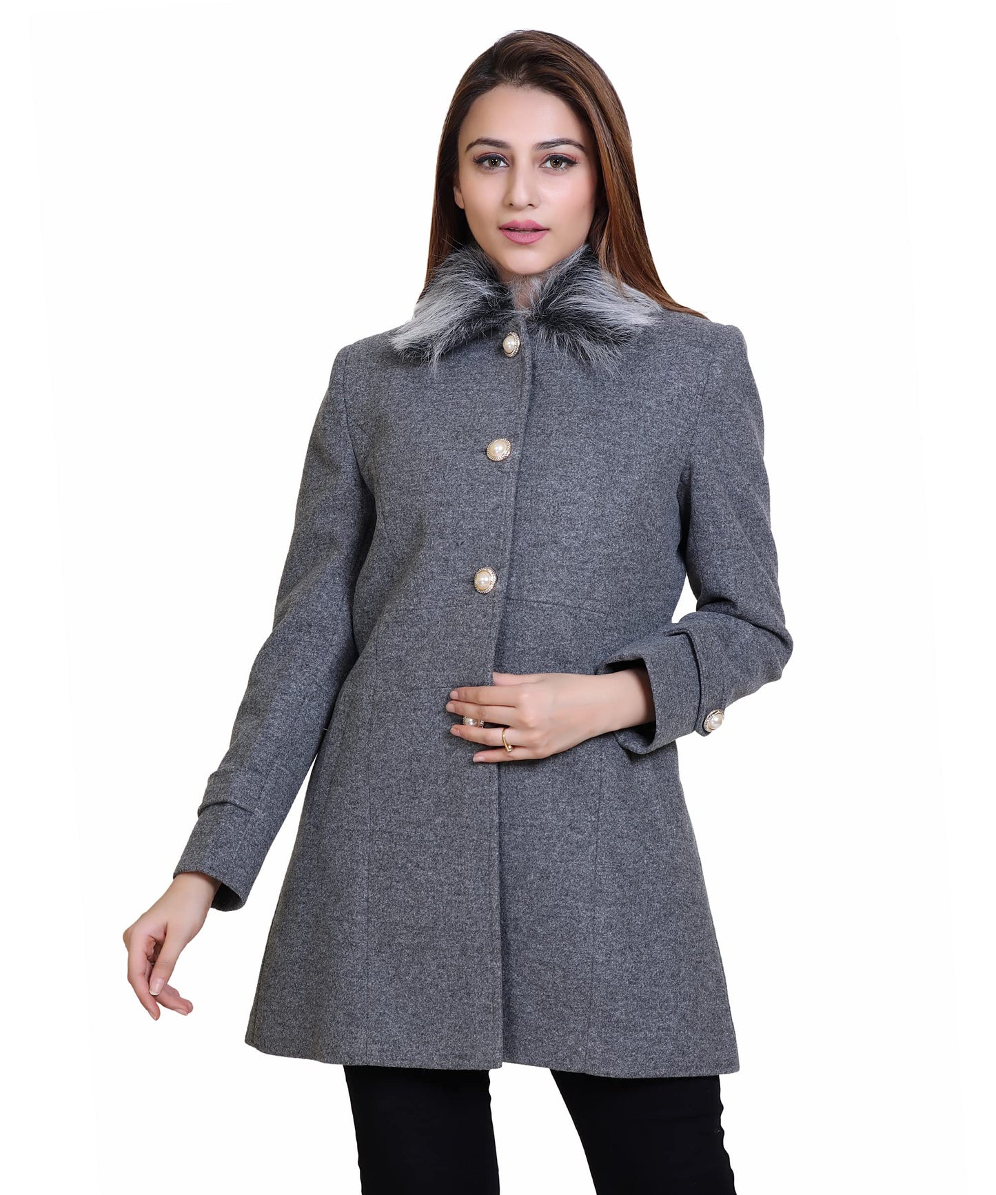 Women Winter Wear Casual Coat with Detachable Faux Fur Collar