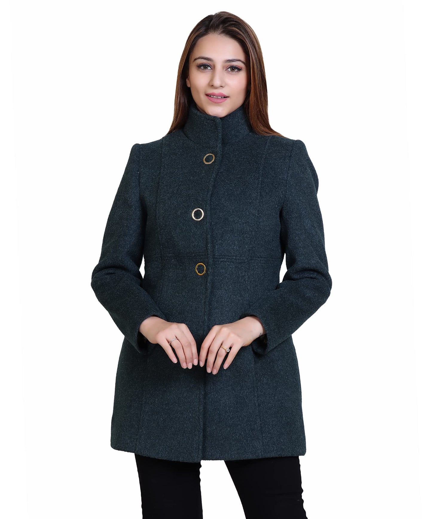 Women Standard Length Wool Blend High Collar Long Sleeve Overcoat