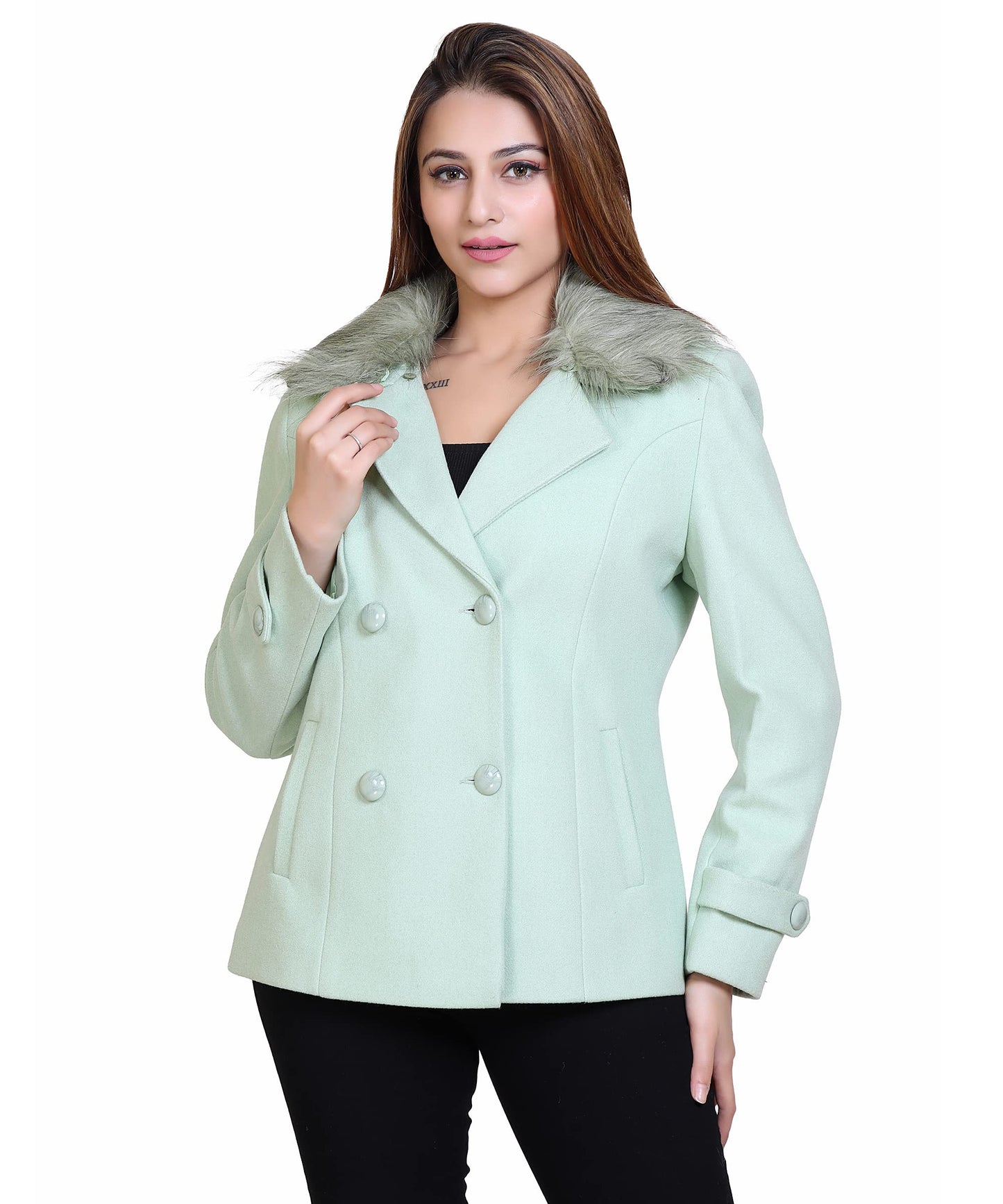 Women Wool Blend Double Breasted Short Coat with Detachable Fur Collar