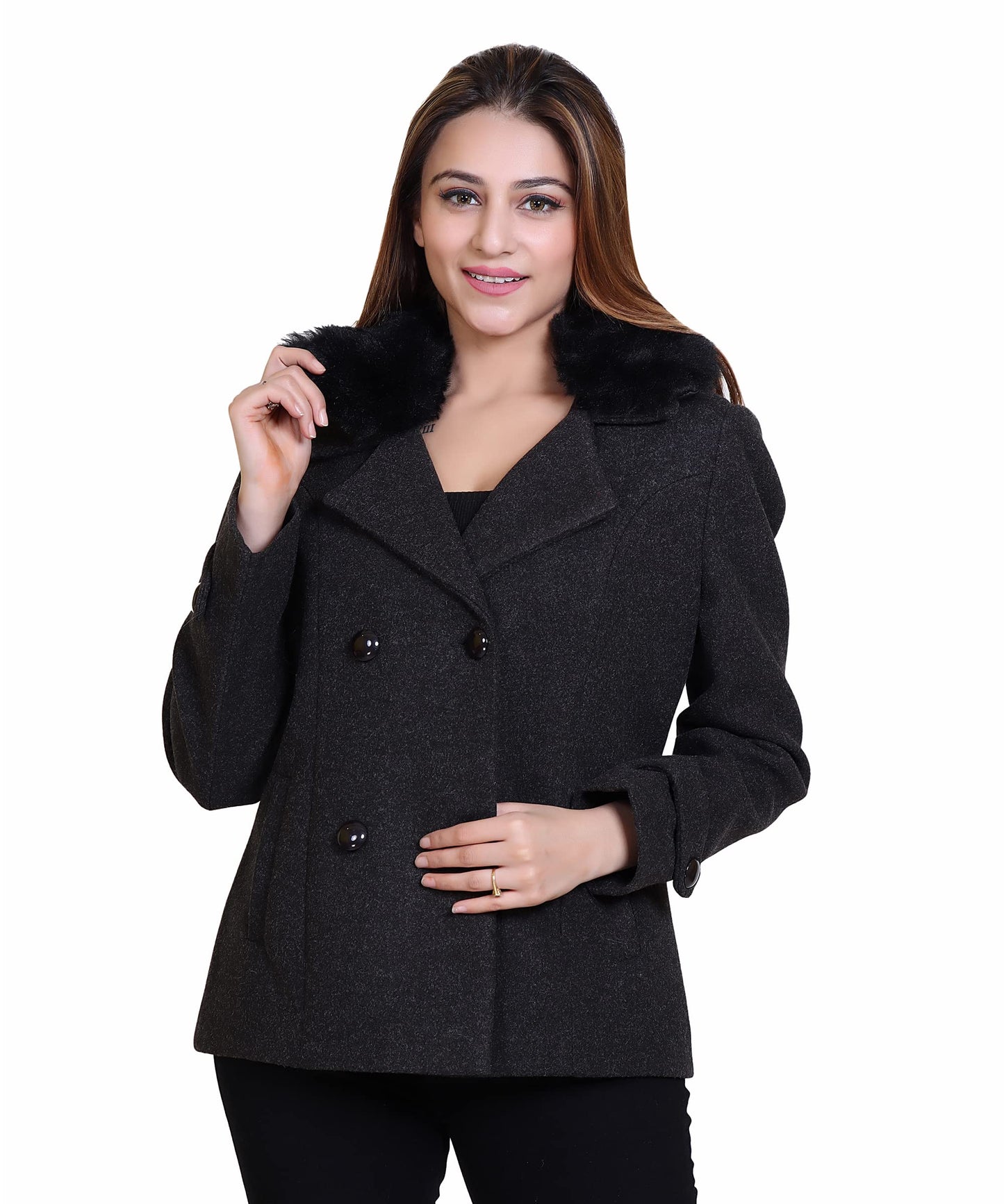 Women Wool Blend Double Breasted Short Coat with Detachable Fur Collar