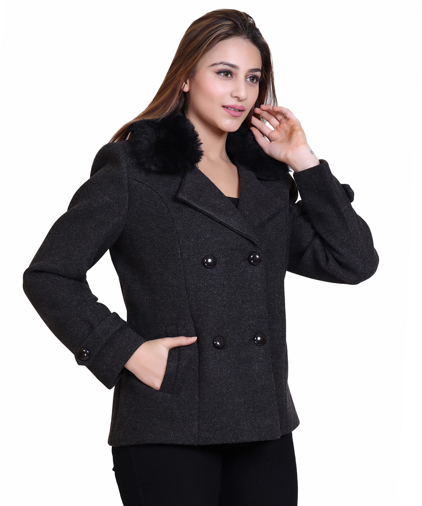 Women Wool Blend Double Breasted Short Coat with Detachable Fur Collar