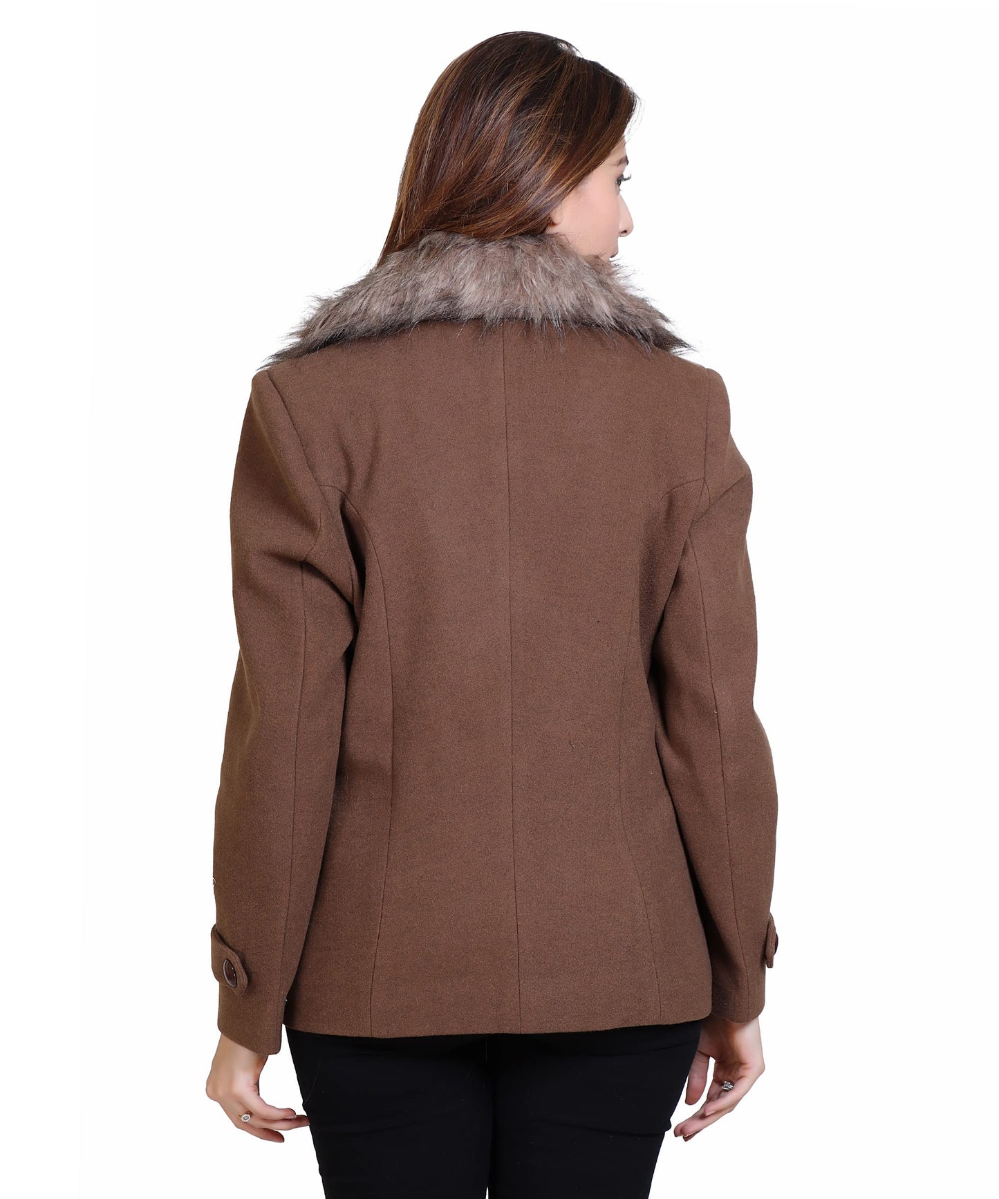 Women Wool Blend Double Breasted Short Coat with Detachable Fur Collar