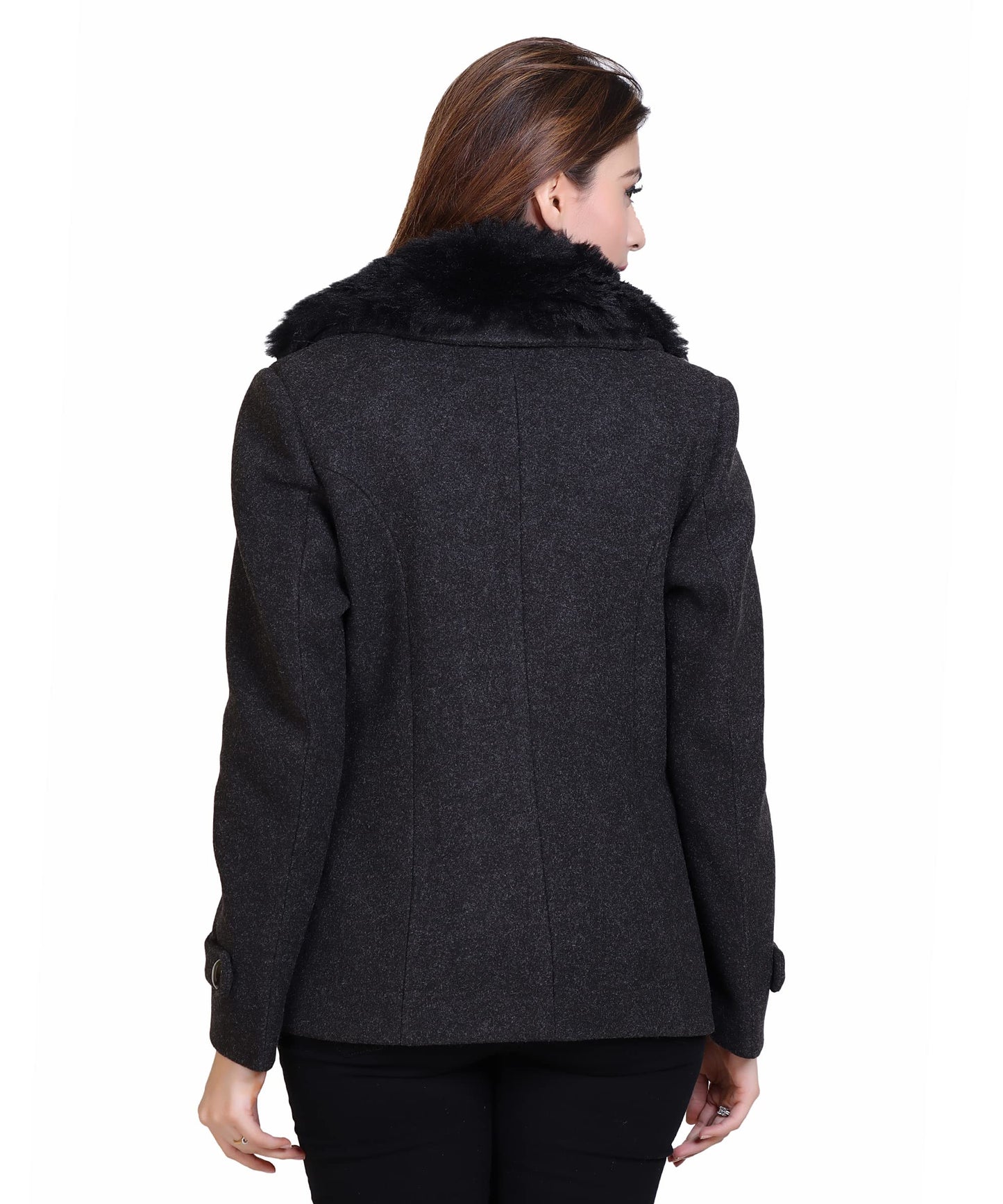 Women Wool Blend Double Breasted Short Coat with Detachable Fur Collar