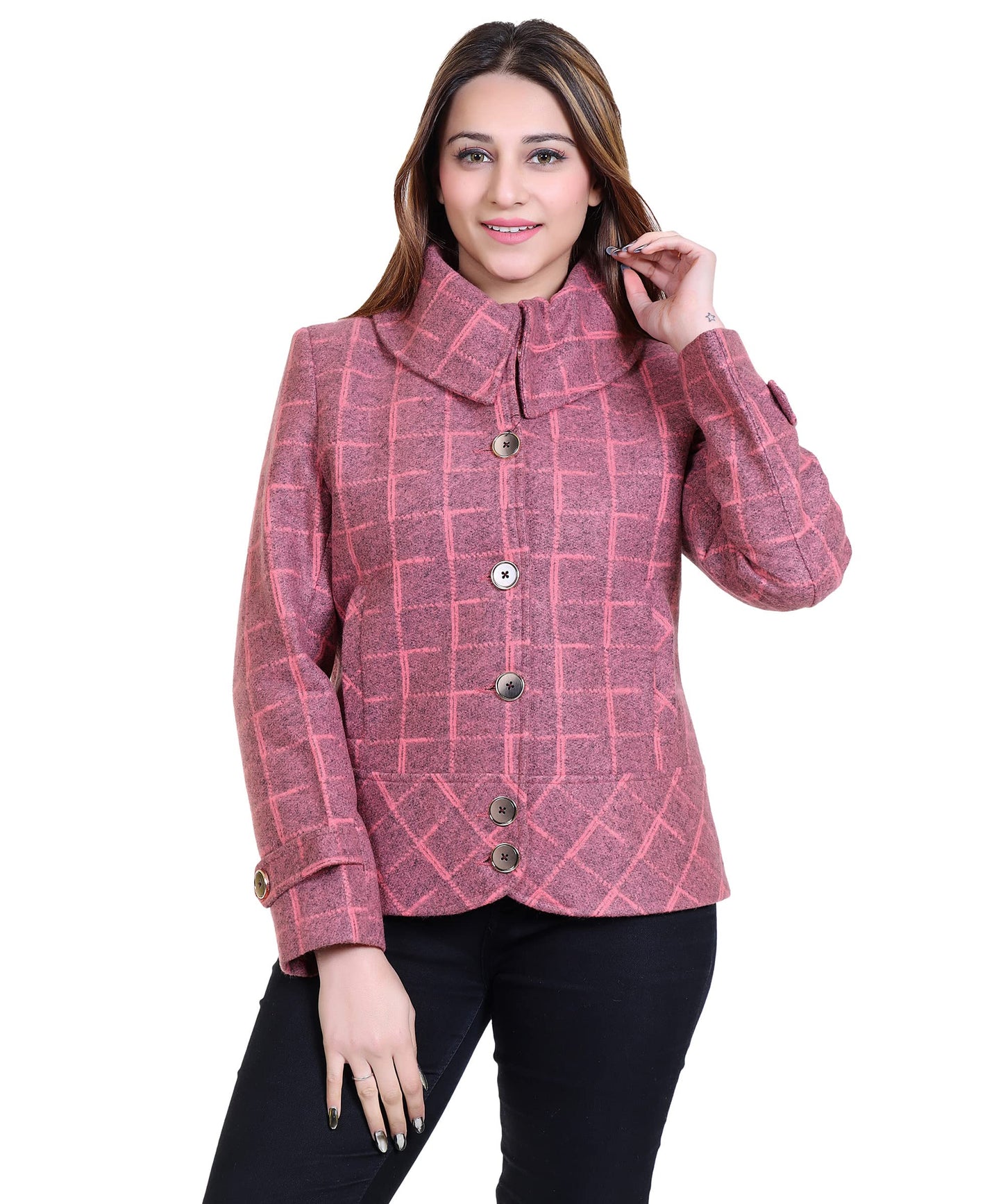 Women Stylish Check Hip Short Coat with High Neck Collar and 3 Square Metallic Buttons