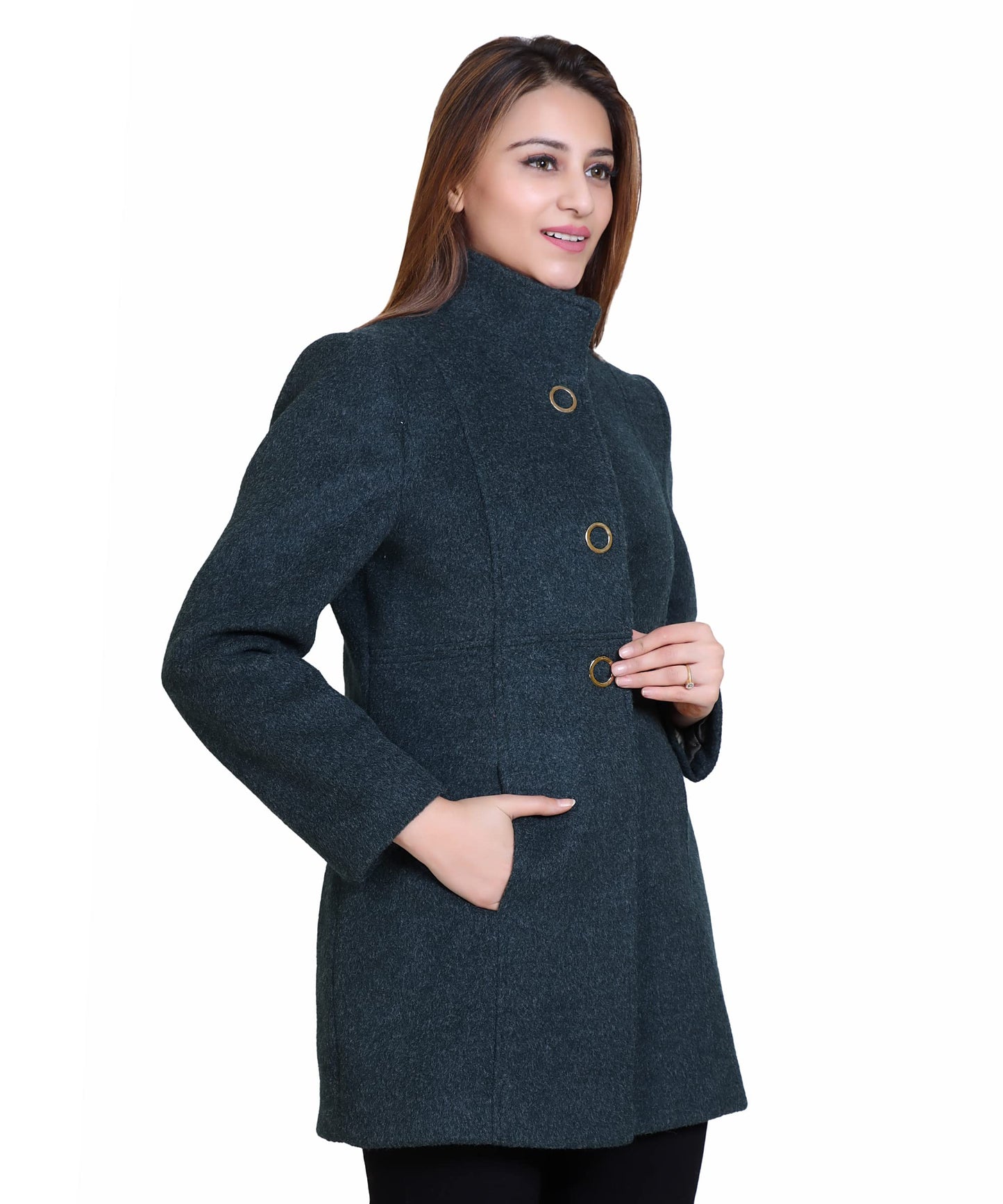 Women Standard Length Wool Blend High Collar Long Sleeve Overcoat