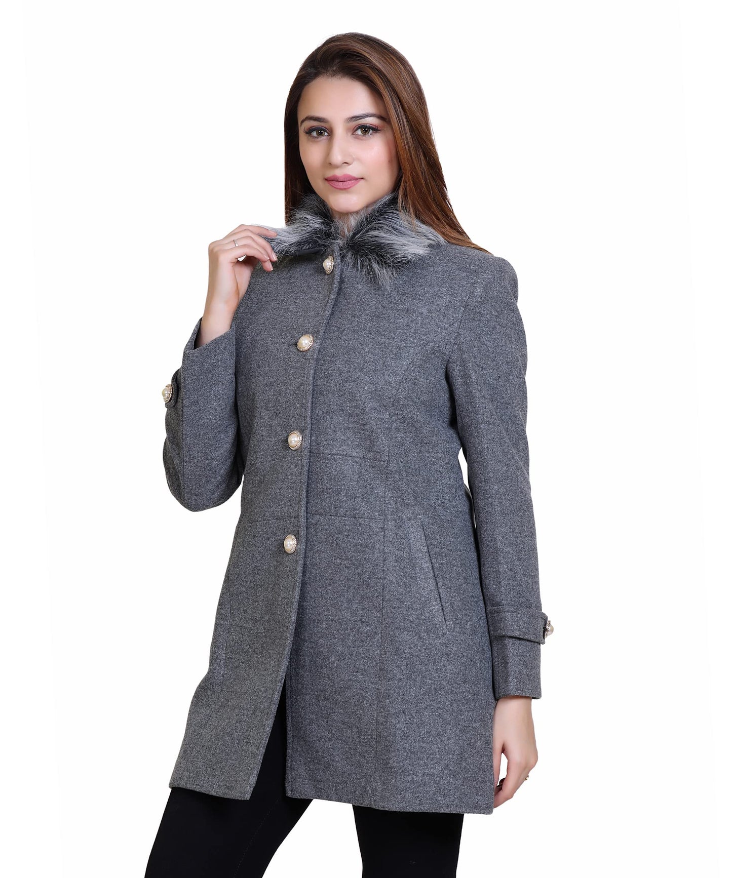 Women Winter Wear Casual Coat with Detachable Faux Fur Collar