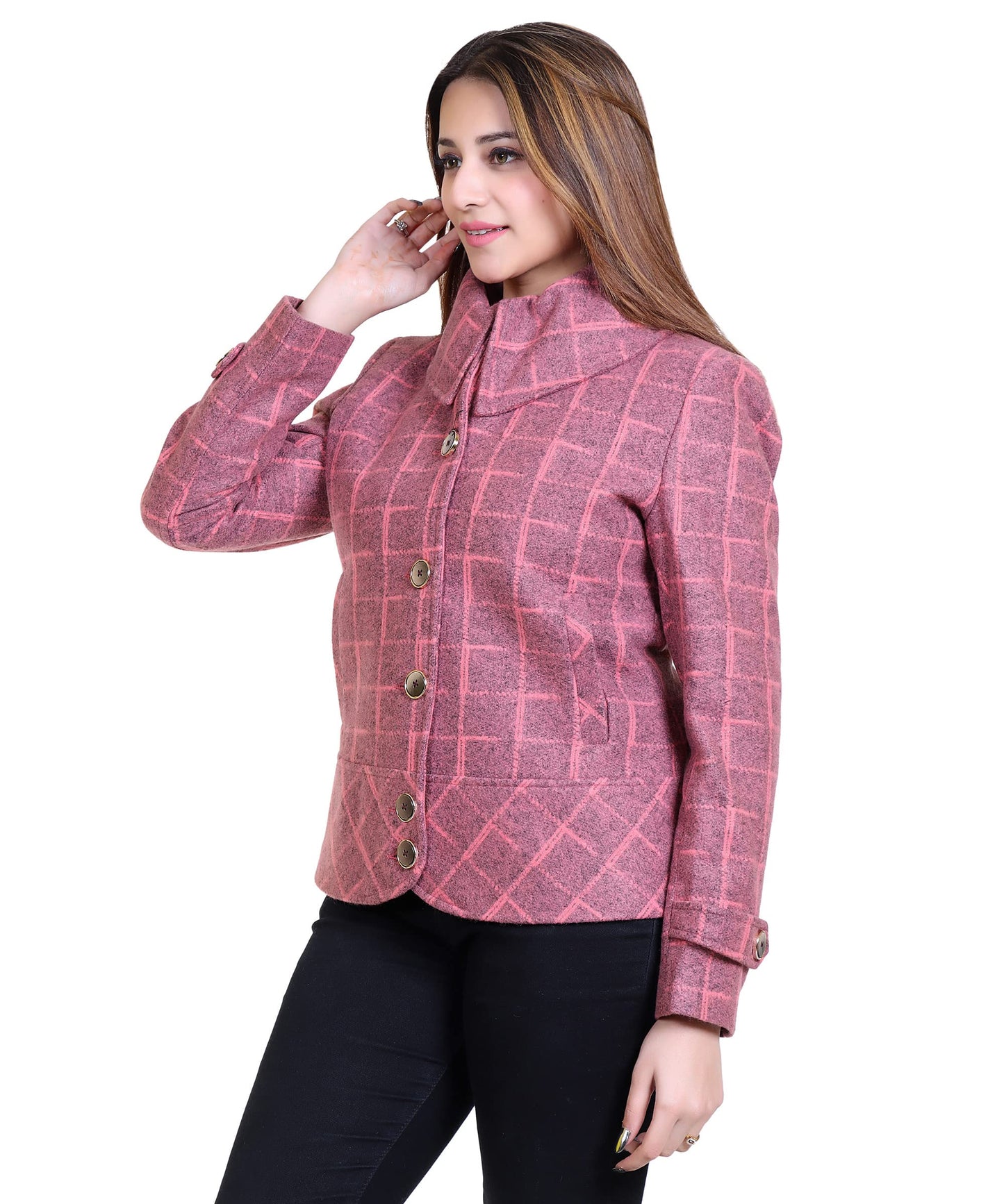 Women Stylish Check Hip Short Coat with High Neck Collar and 3 Square Metallic Buttons