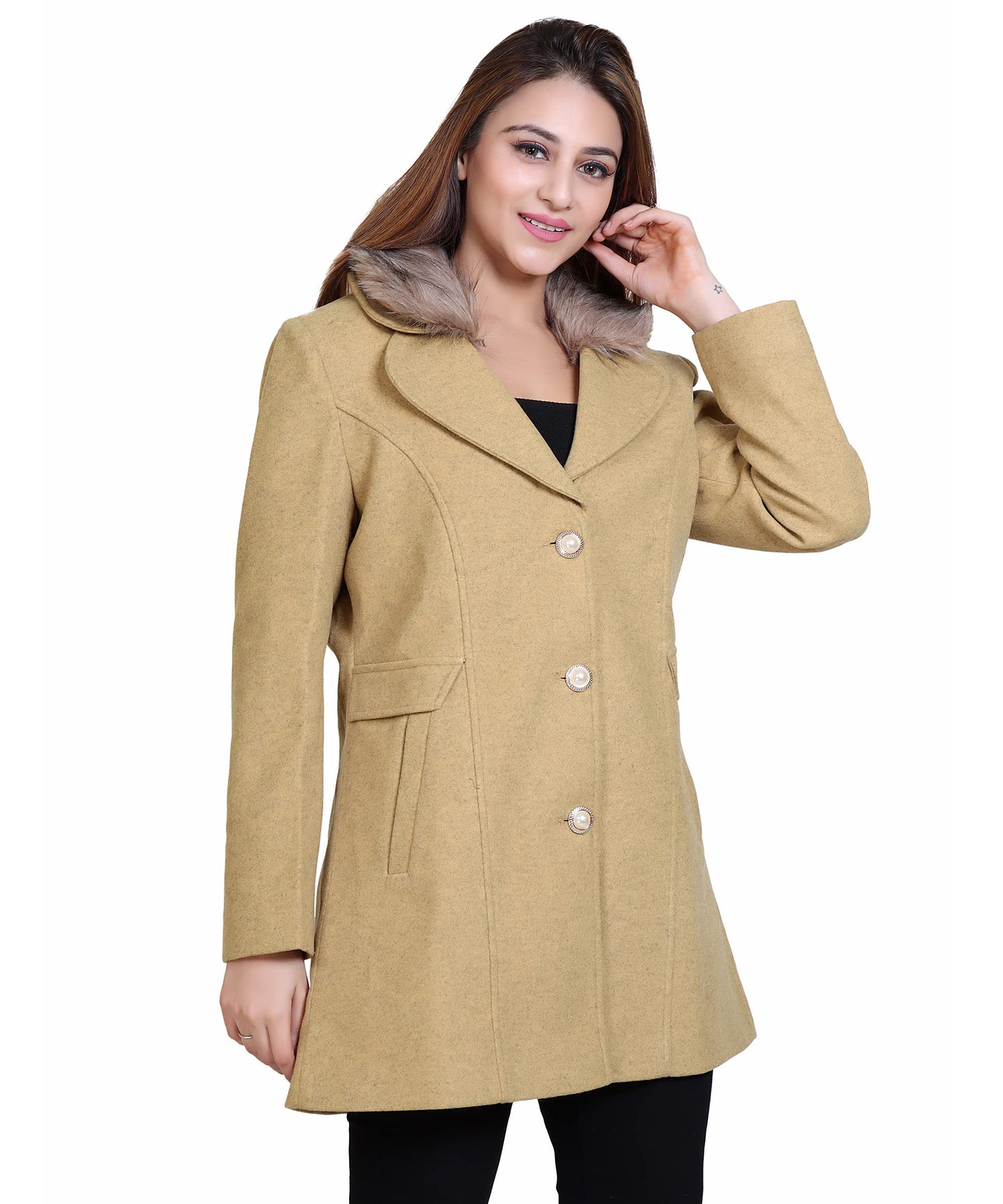 Women Winter Wear Casual Coat with Detachable Faux Fur Collar