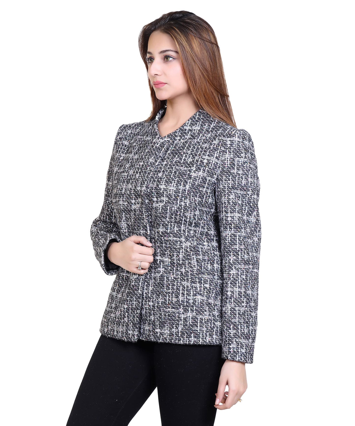 Women Self Design Long Sleeves Designer Collared Short Coat