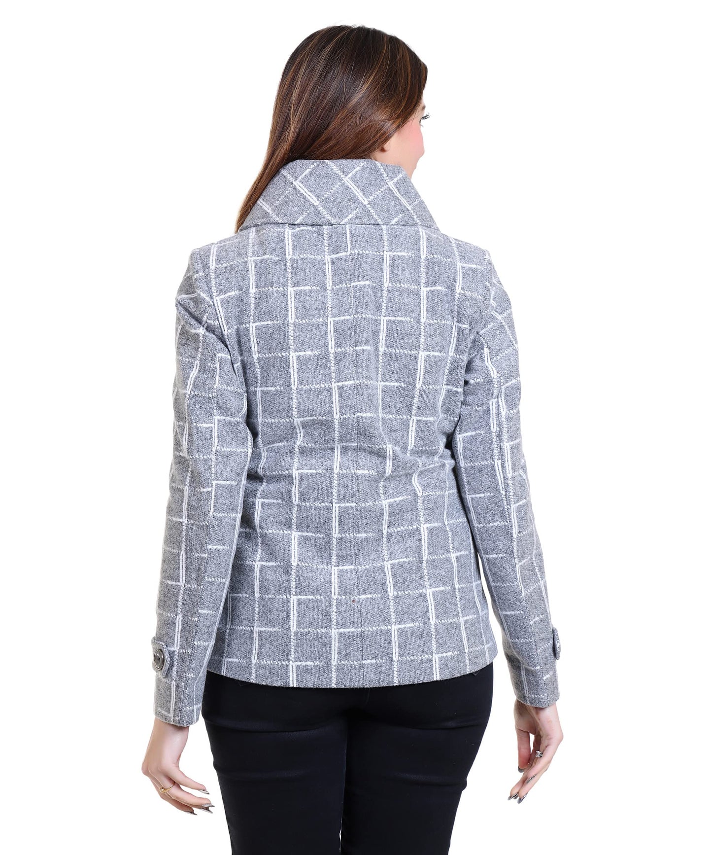 Women Stylish Check Hip Short Coat with High Neck Collar and 3 Square Metallic Buttons