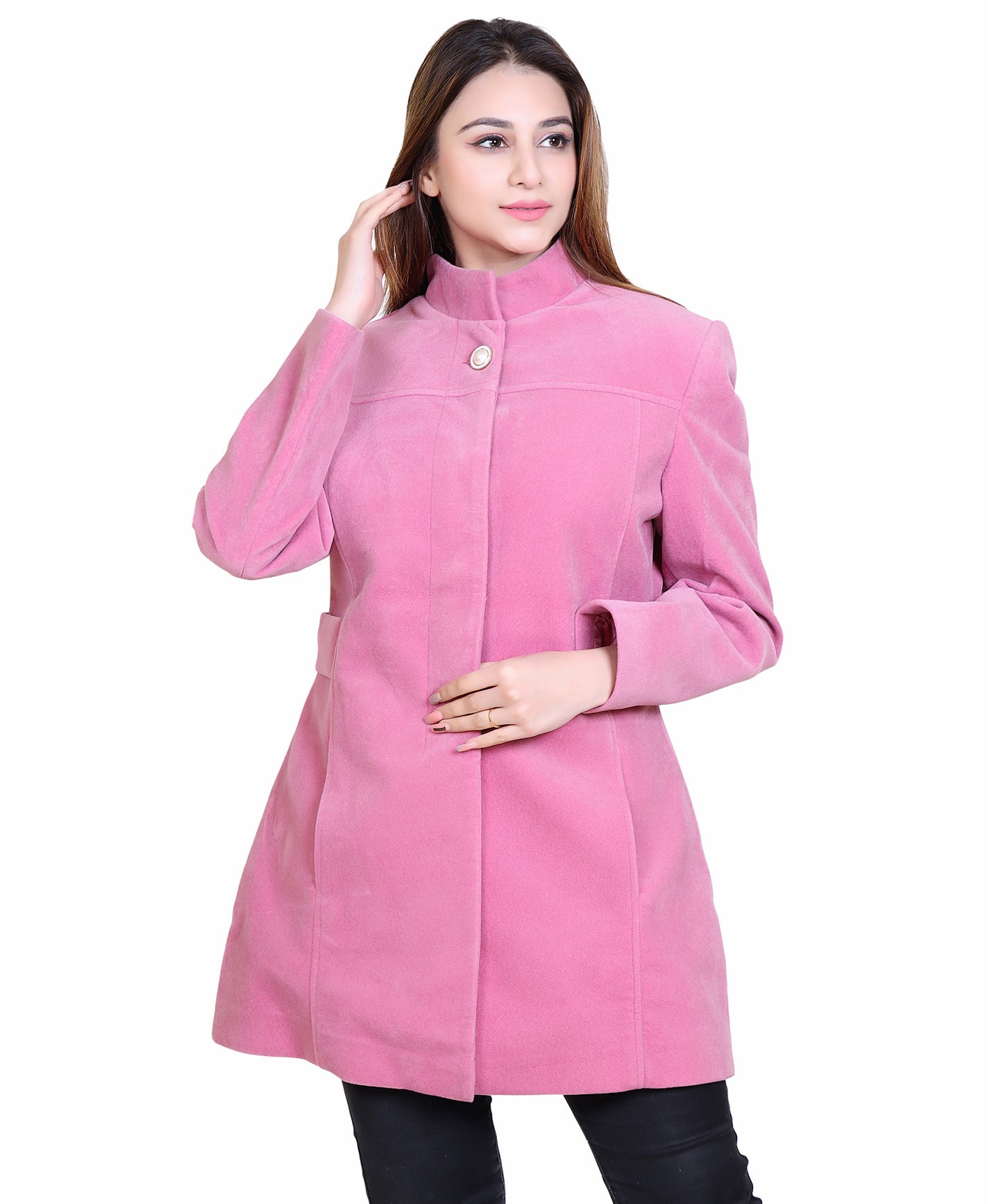 Women Casual Wool Blend Standard Length Full Sleeve High Collared Coat