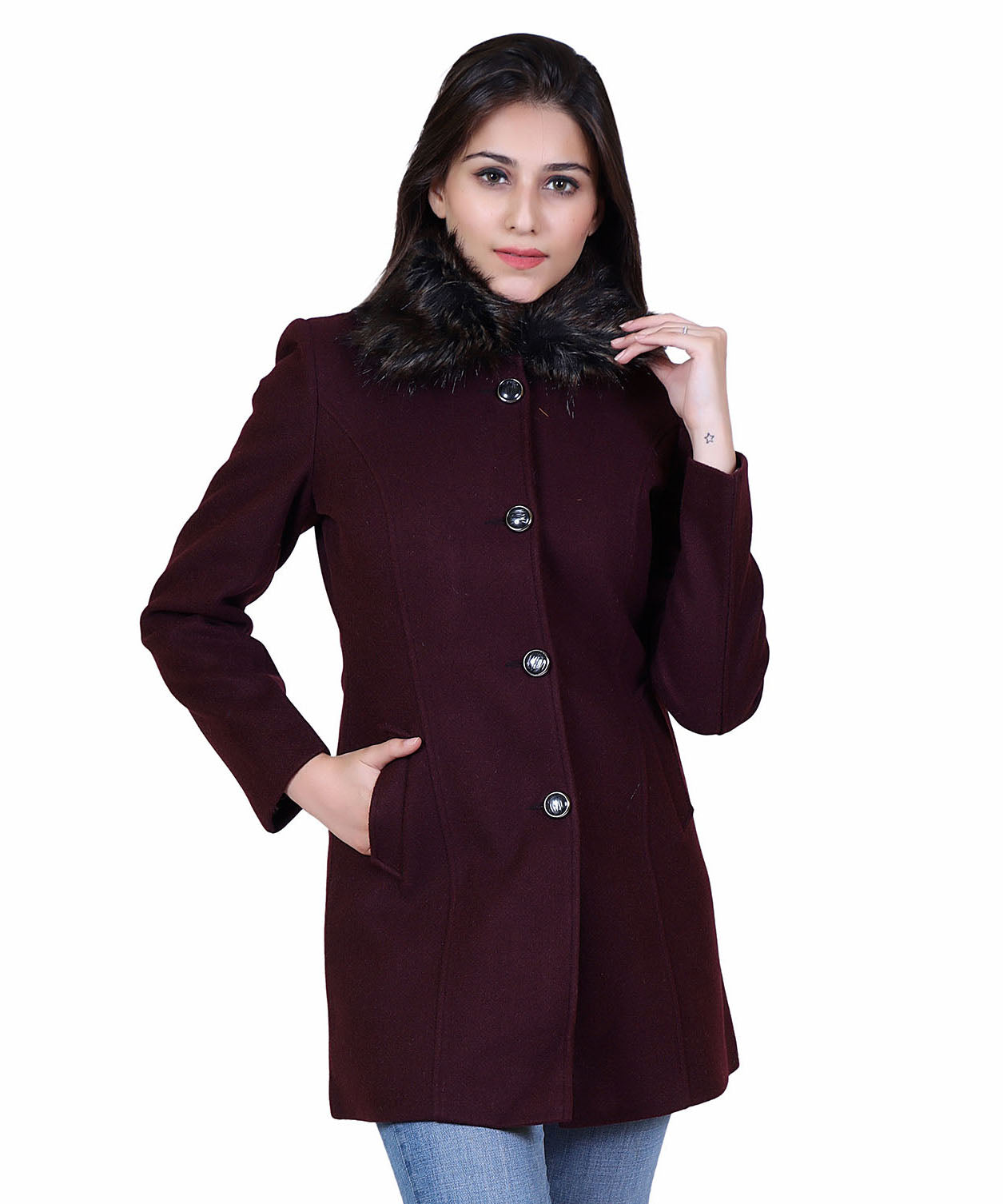 Women Winter Wear Casual Coat with Detachable Faux Fur Collar