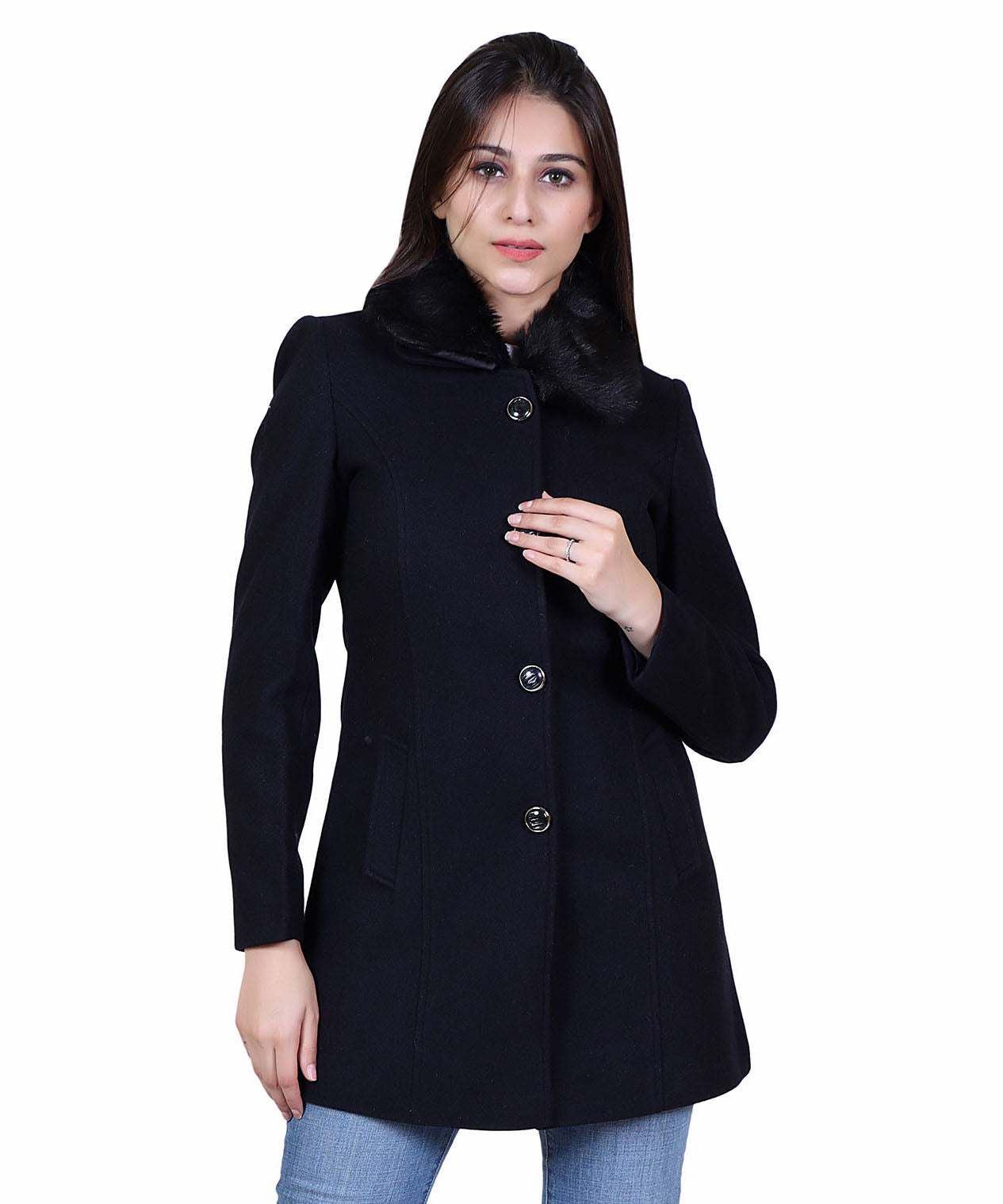 Women Winter Wear Casual Coat with Detachable Faux Fur Collar