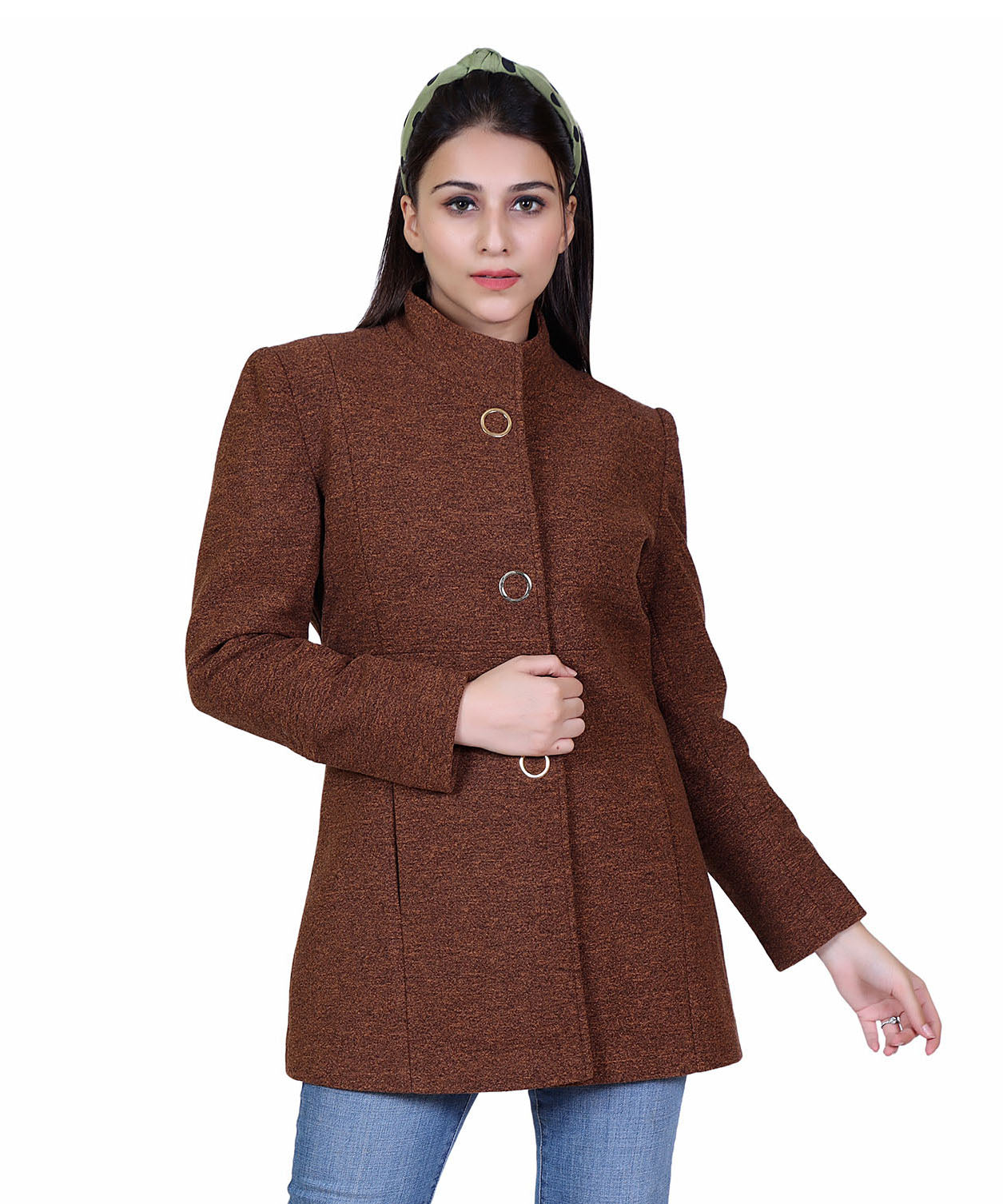 Women Standard Length Wool Blend High Collar Long Sleeve Overcoat