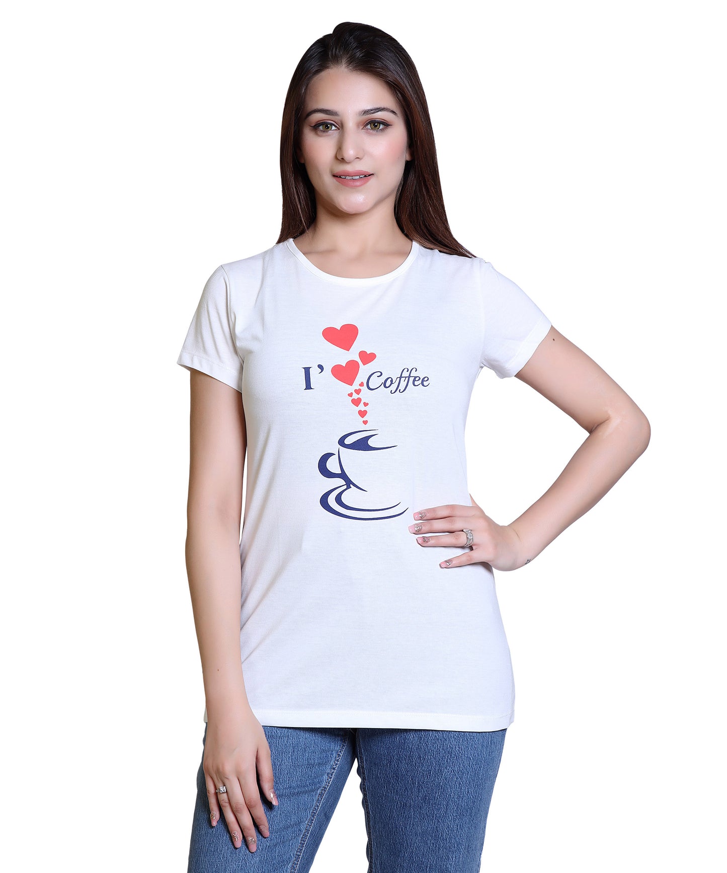 Women I Love Coffee Cotton Blend Round Neck Half Sleeves T-Shirt