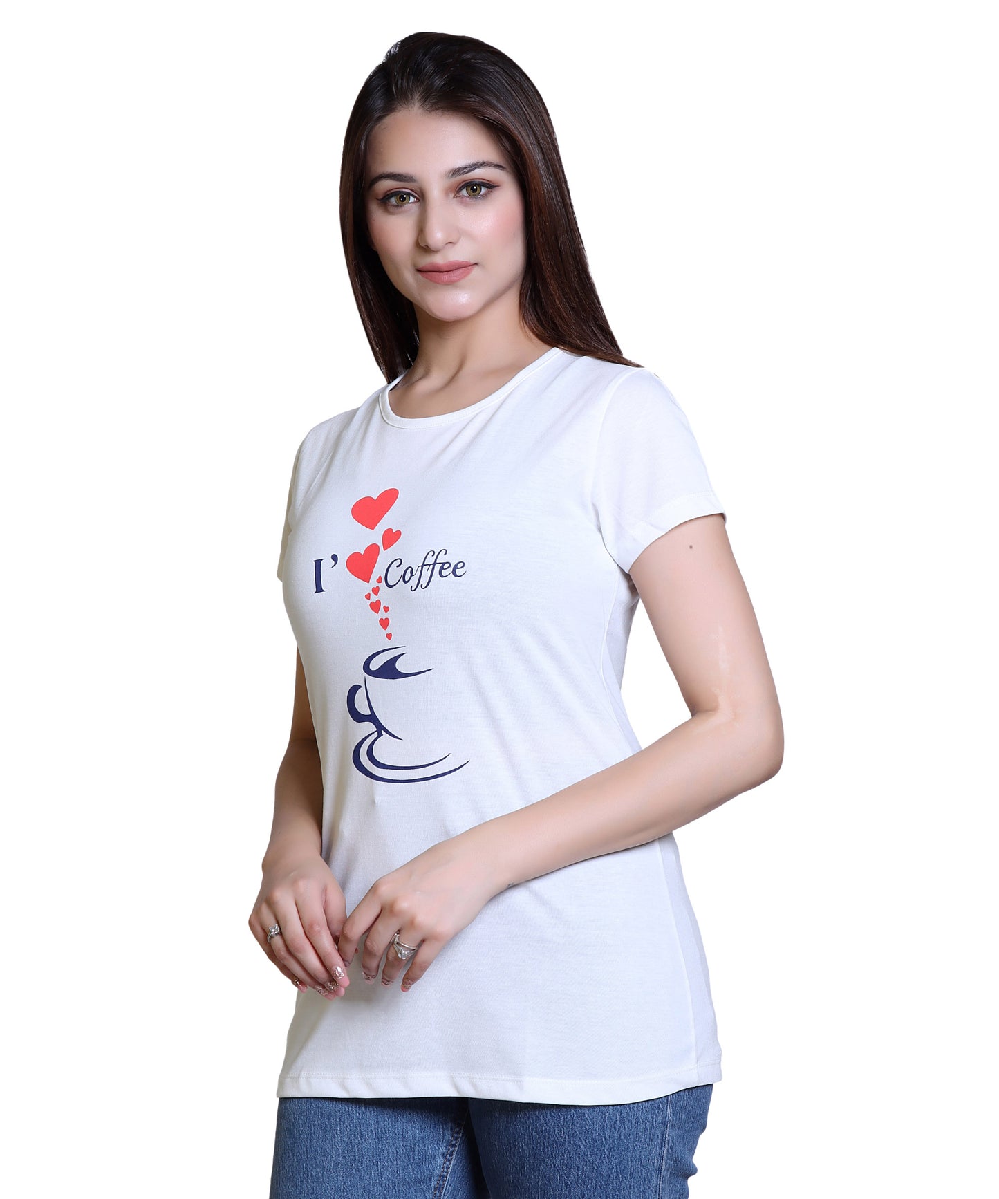 Women I Love Coffee Cotton Blend Round Neck Half Sleeves T-Shirt