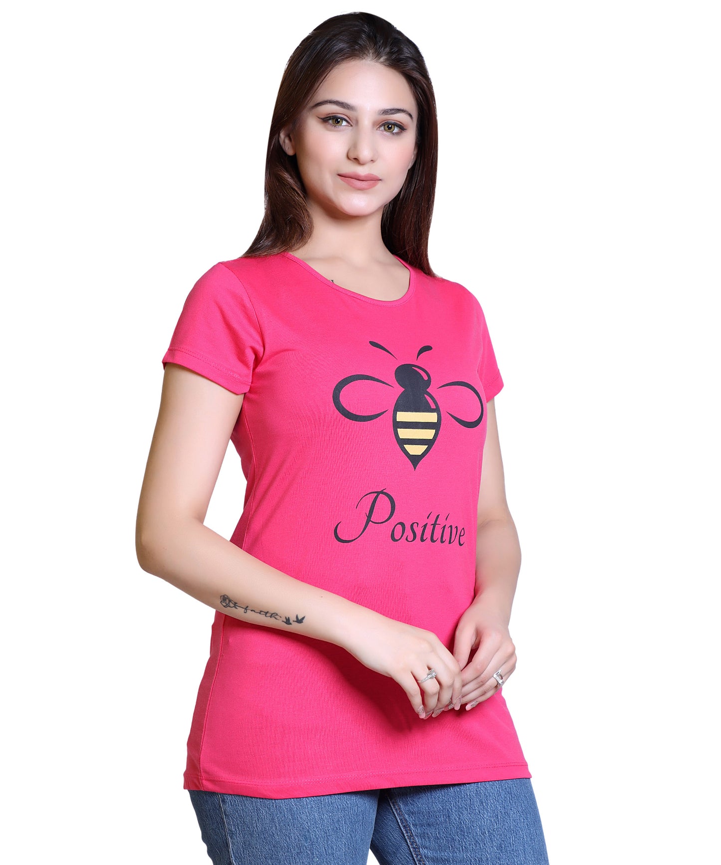 Women Bee Positive Cotton Blend Round Neck Half Sleeves T-Shirt