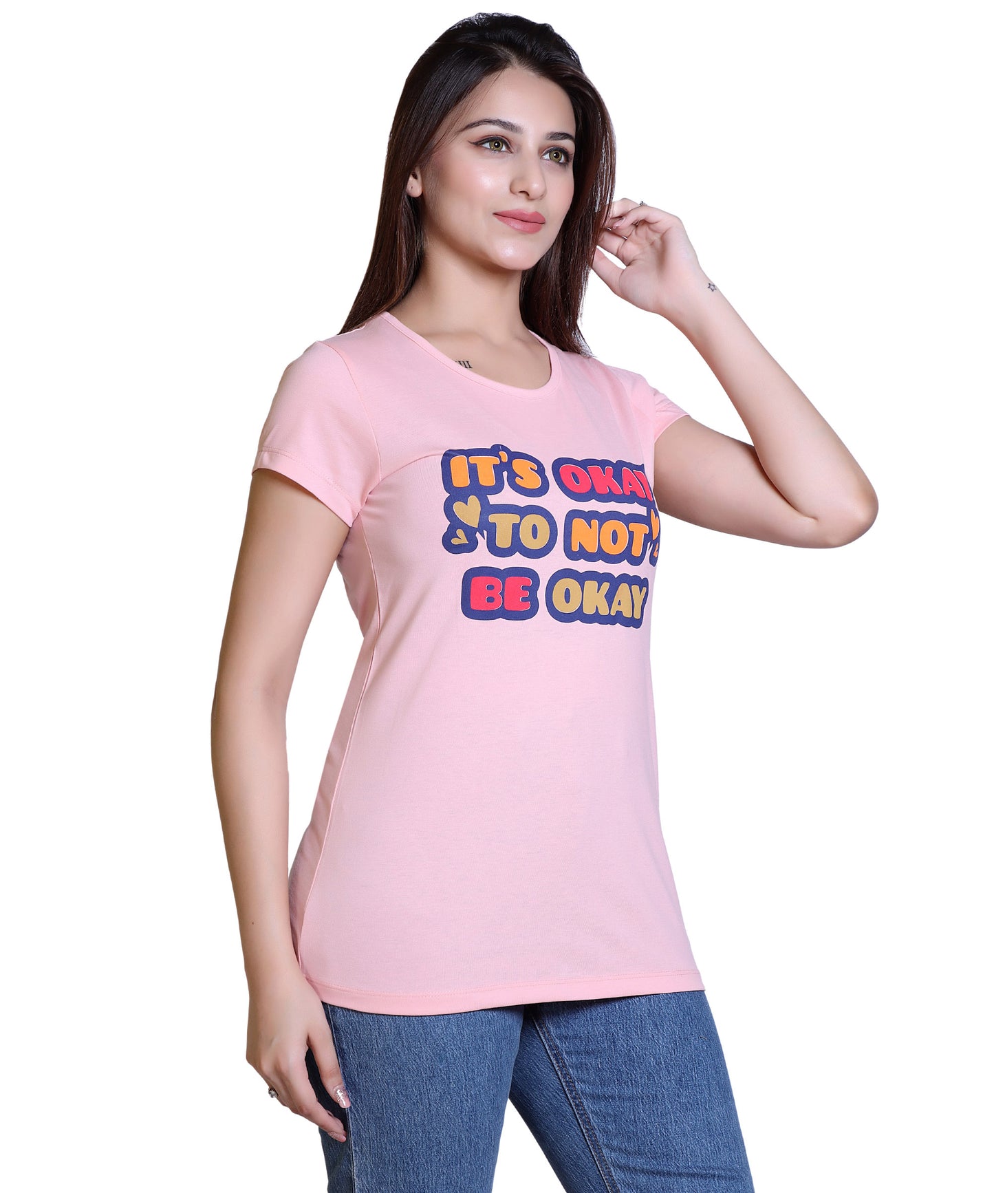 Women It's Okay Cotton Blend Round Neck Half Sleeves T-Shirt