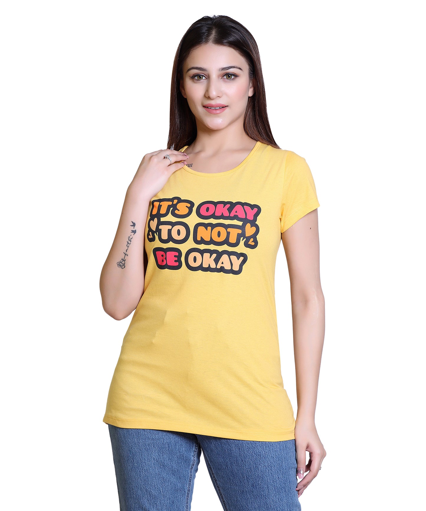 Women It's Okay Cotton Blend Round Neck Half Sleeves T-Shirt