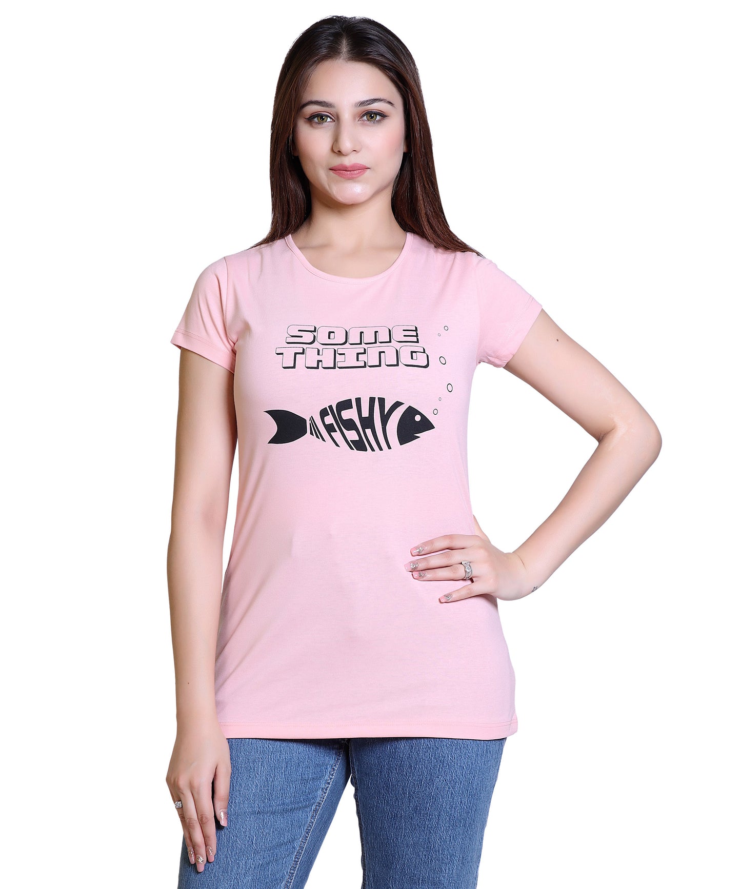 Women Something Fishy Cotton Blend Round Neck Half Sleeves T-Shirt