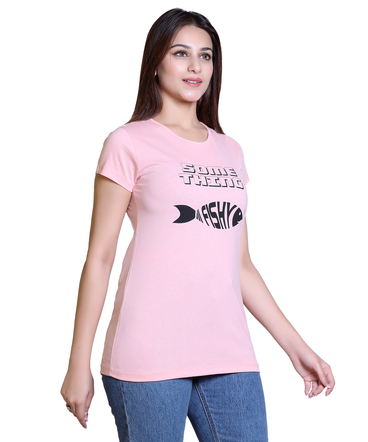 Women Something Fishy Cotton Blend Round Neck Half Sleeves T-Shirt