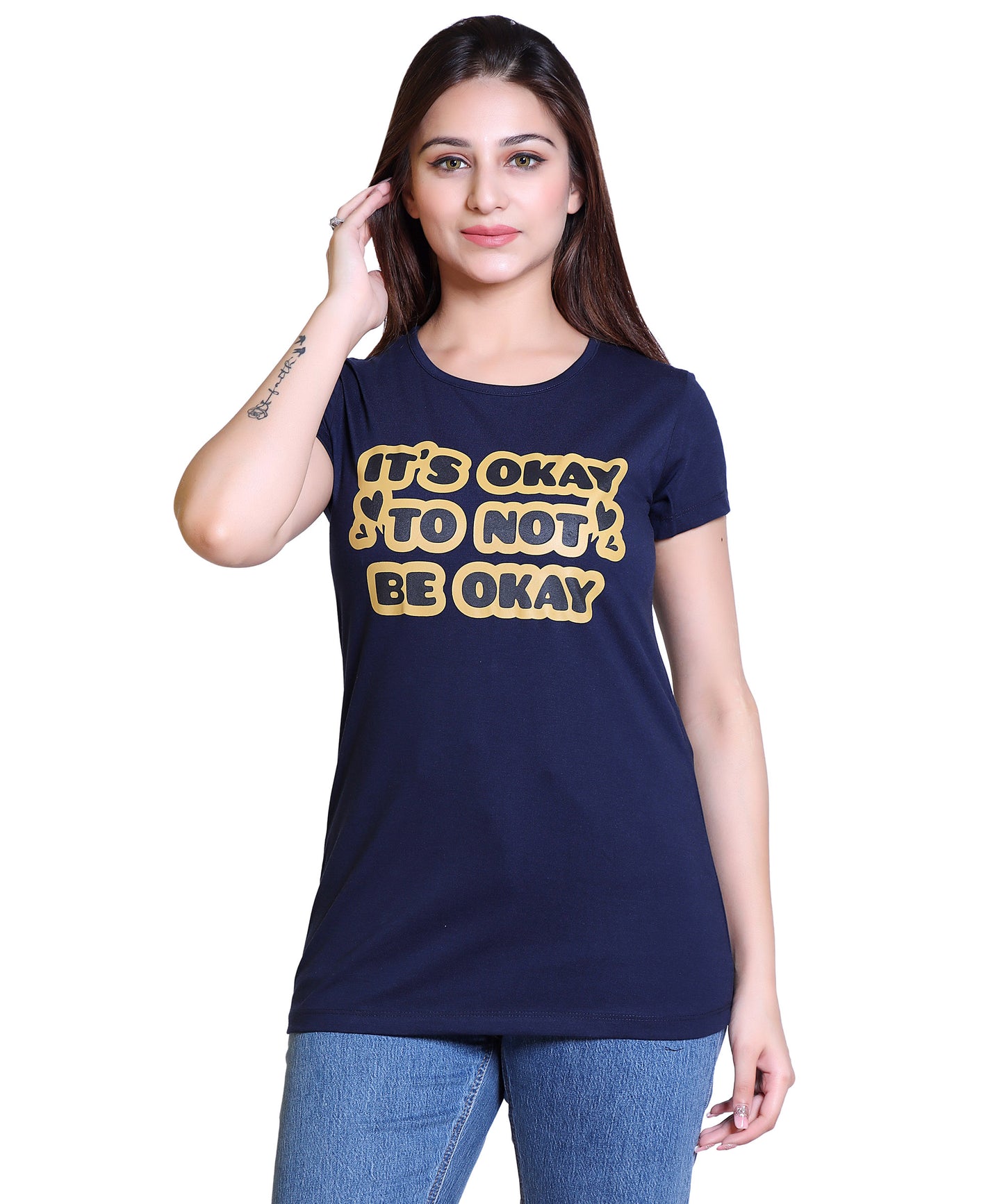 Women It's Okay Cotton Blend Round Neck Half Sleeves T-Shirt