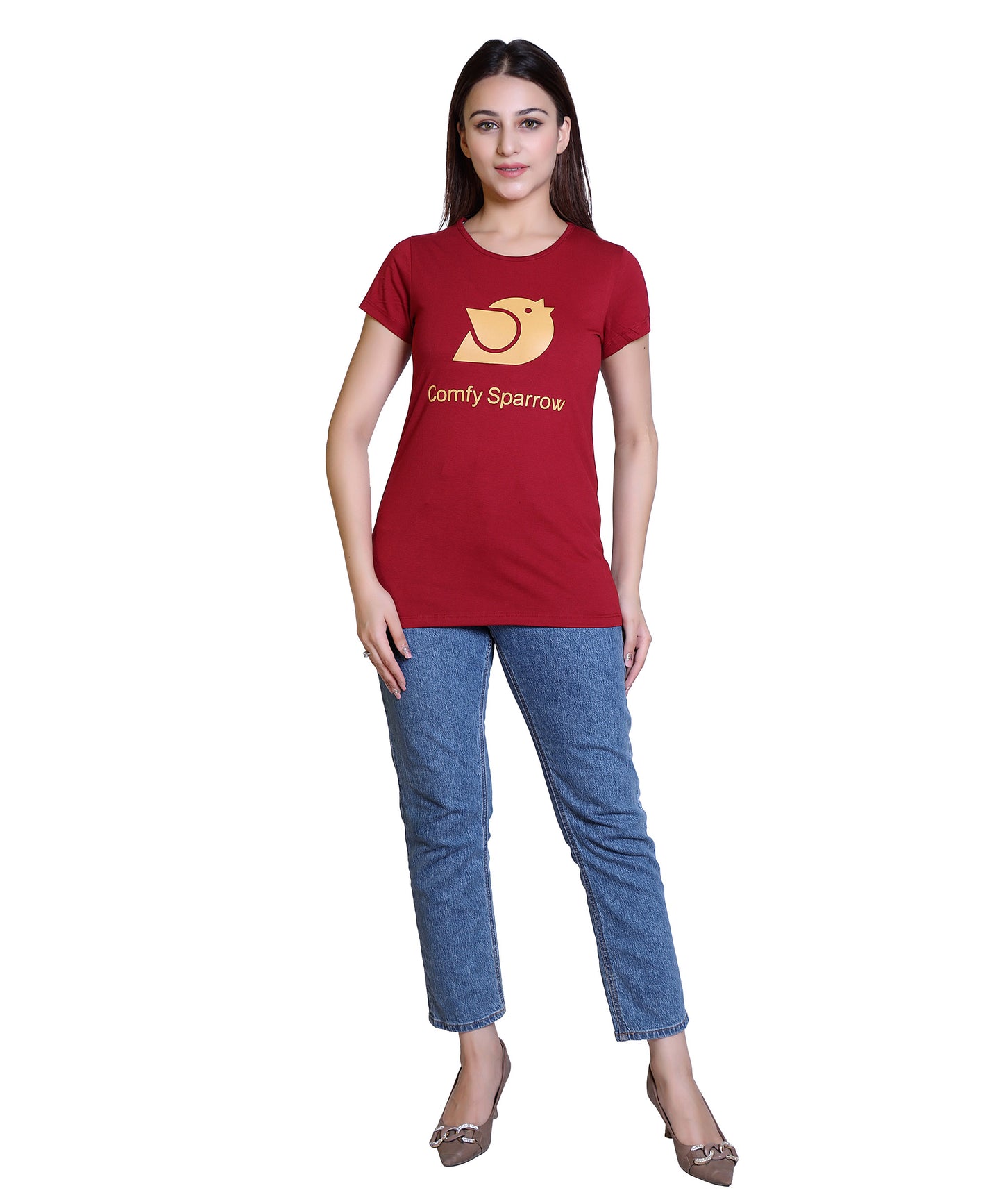 Women Comfy Sparrow Cotton Blend Round Neck Half Sleeves T-Shirt