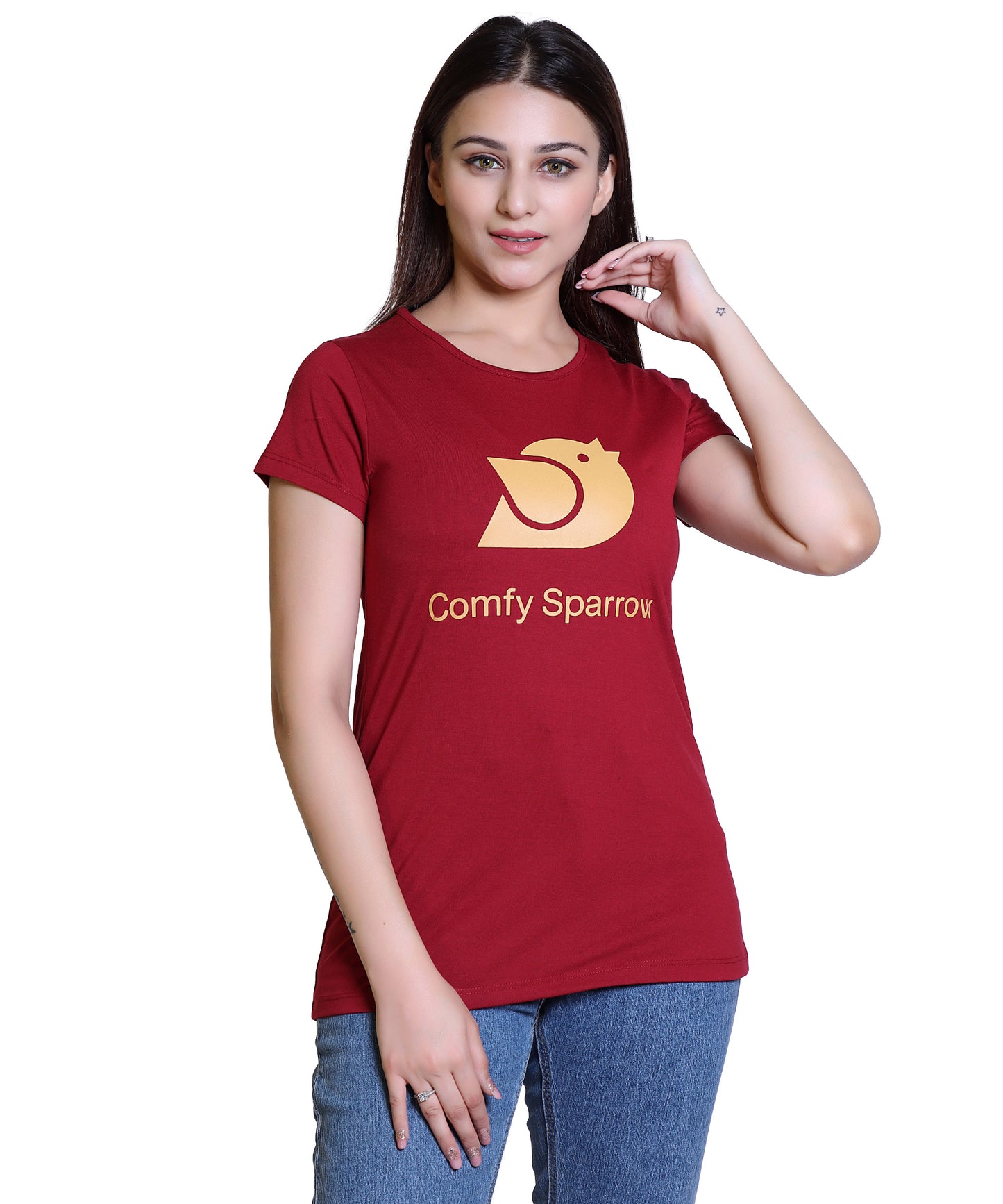 Women Comfy Sparrow Cotton Blend Round Neck Half Sleeves T-Shirt