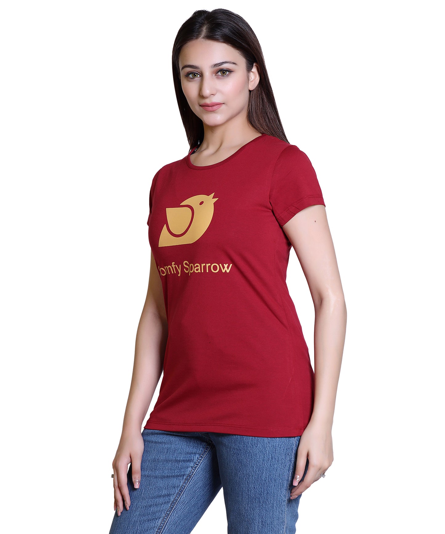 Women Comfy Sparrow Cotton Blend Round Neck Half Sleeves T-Shirt