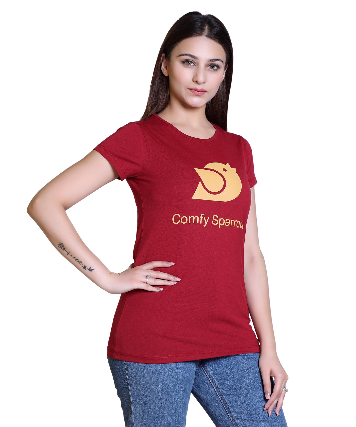 Women Comfy Sparrow Cotton Blend Round Neck Half Sleeves T-Shirt