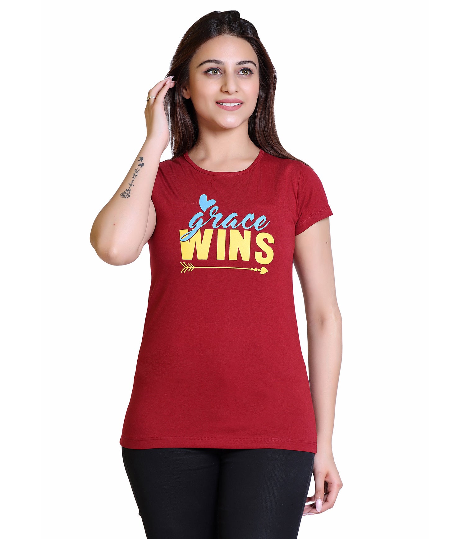 Women Grace Wins Cotton Blend Round Neck Half Sleeves T-Shirt