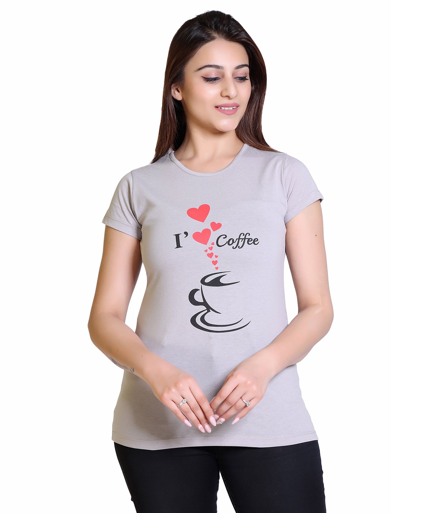 Women I Love Coffee Cotton Blend Round Neck Half Sleeves T-Shirt