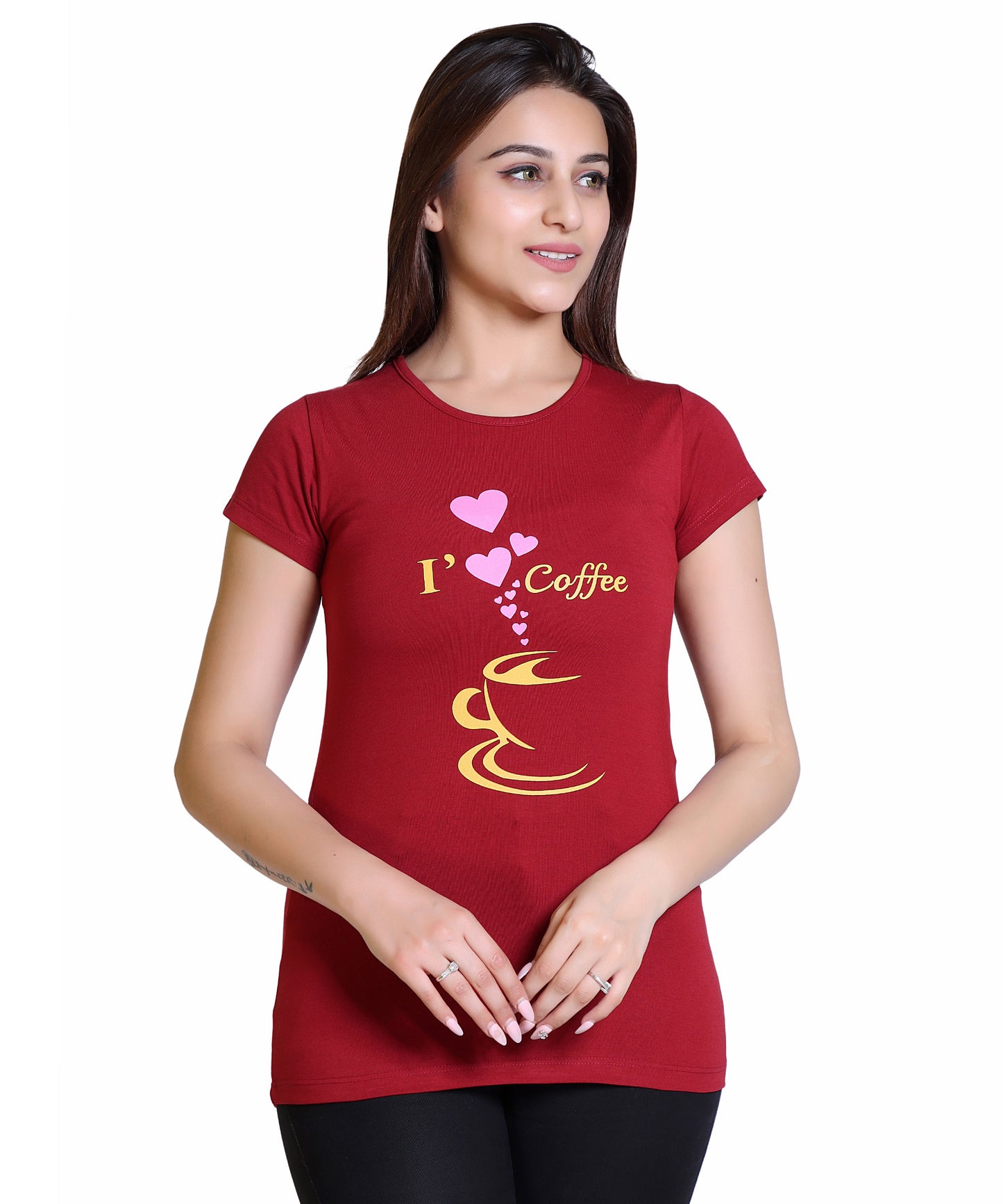 Women I Love Coffee Cotton Blend Round Neck Half Sleeves T-Shirt