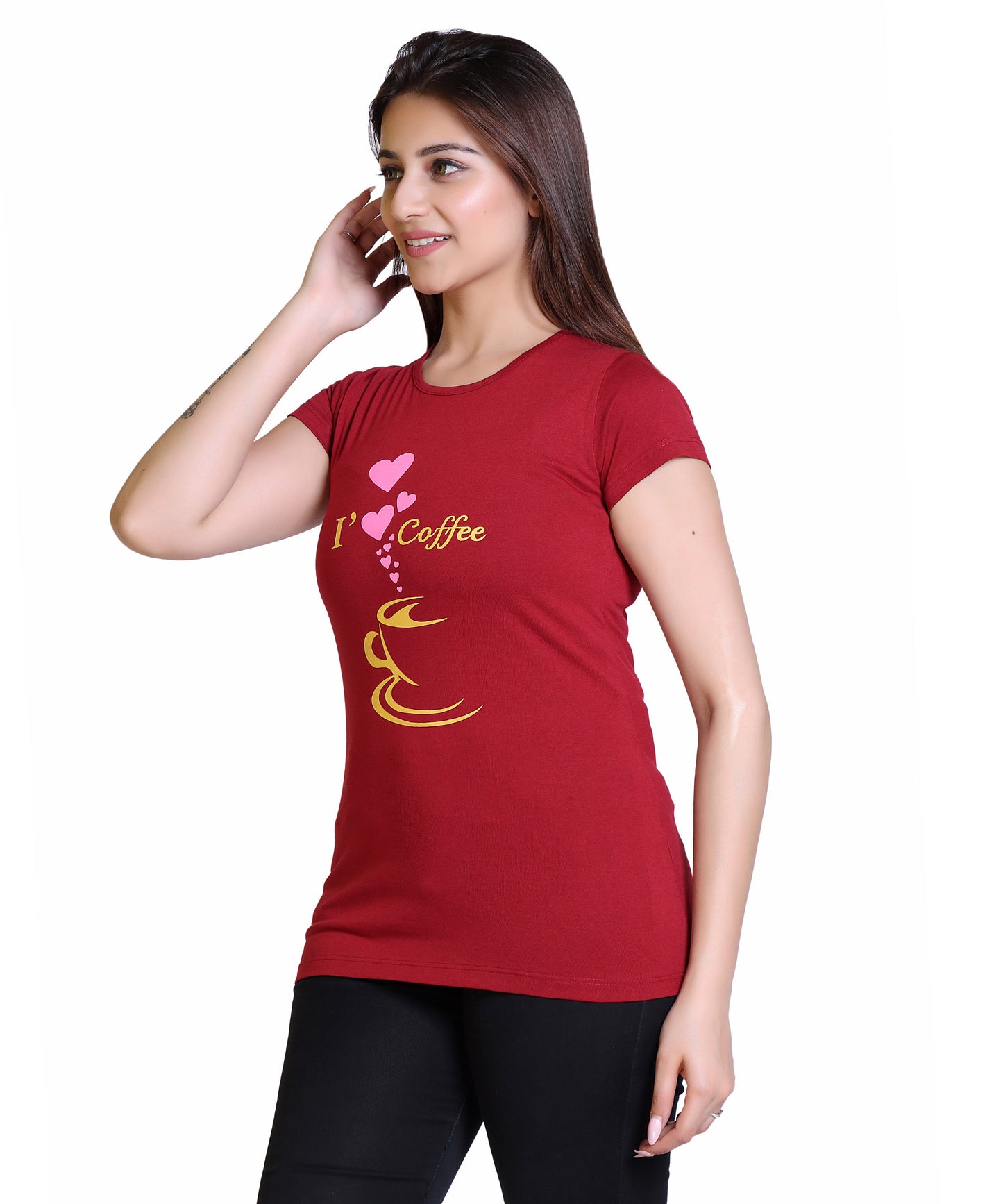 Women I Love Coffee Cotton Blend Round Neck Half Sleeves T-Shirt