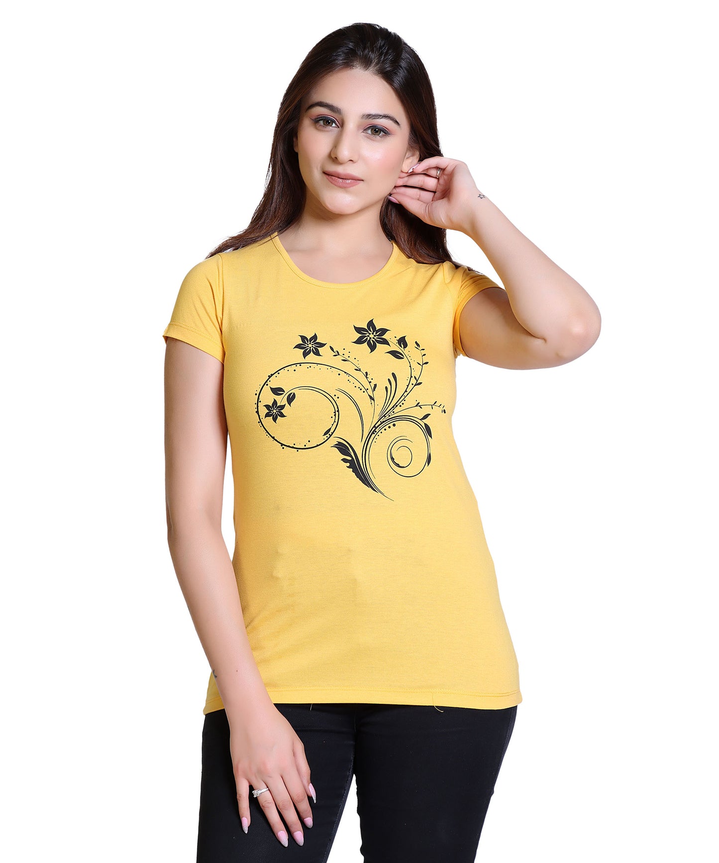 Women Floral Cotton Blend Round Neck Half Sleeves T-Shirt